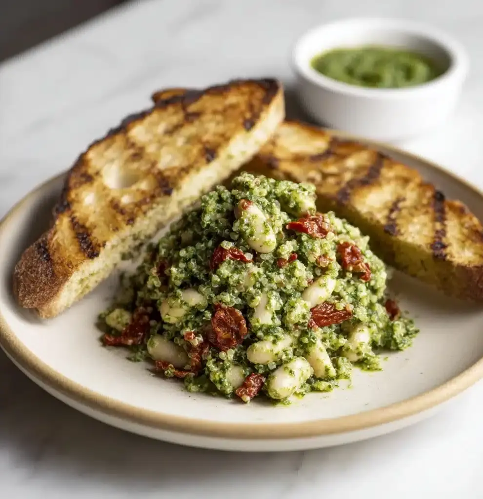 Spinach Pesto Butter Bean Lentil Quinoa Bowls with Sun-Dried Tomatoes