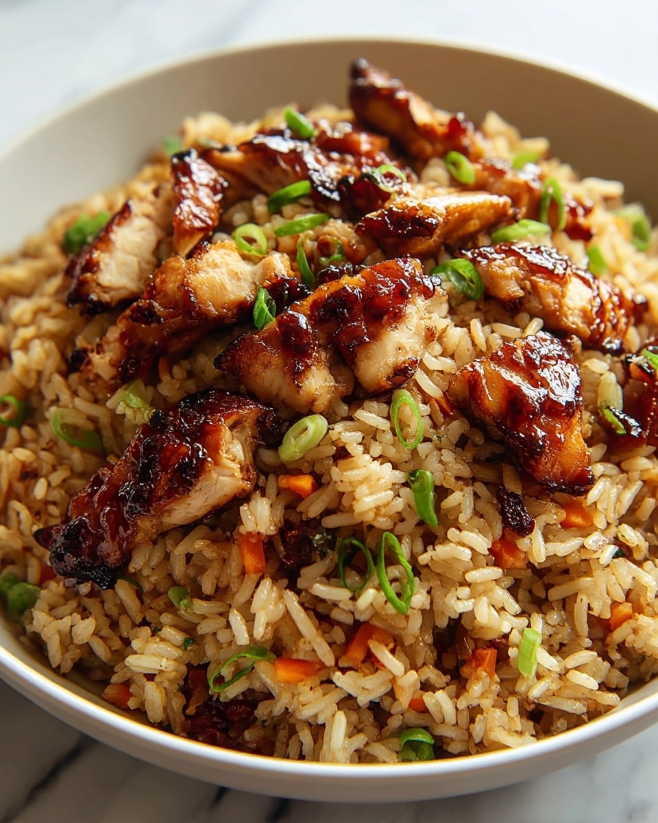 A close-up of a round white bowl filled with a large mound of fried rice layered with pieces of grilled chicken that have a shiny, dark brown glaze and slightly charred edges. The rice grains are light brown with visible bits of orange carrot and green onions scattered on top and mixed throughout. The grilled chicken pieces have a glossy texture and are spread evenly over the rice, adding rich color contrast. The bowl sits on a white marbled surface with soft natural light enhancing the warm tones of the dish. photo taken with an iphone --ar 4:5 --v 7