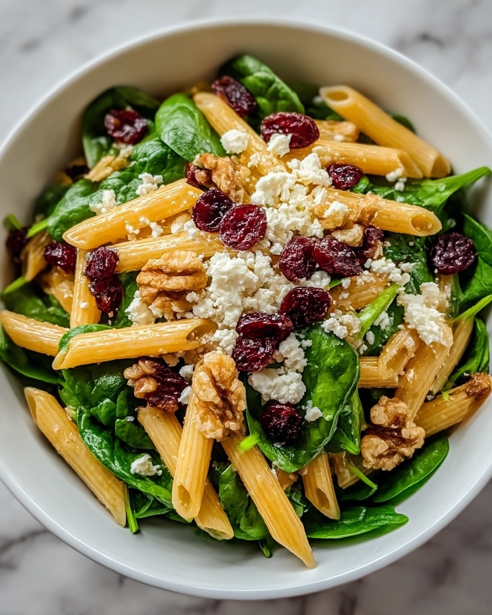 A white bowl filled with a fresh pasta salad is placed on a white marbled surface. The bottom layer is bright green spinach leaves, fresh and vibrant. The middle layer has golden-colored penne pasta placed evenly on top of the spinach. Scattered across the pasta and spinach are dark red dried cranberries and medium brown walnut pieces, adding texture and color contrast. White crumbles of soft cheese are sprinkled on top, giving a creamy look that brightens the dish. The colors of green, gold, red, brown, and white are well-balanced, making the salad look fresh and tasty. Photo taken with an iphone --ar 4:5 --v 7