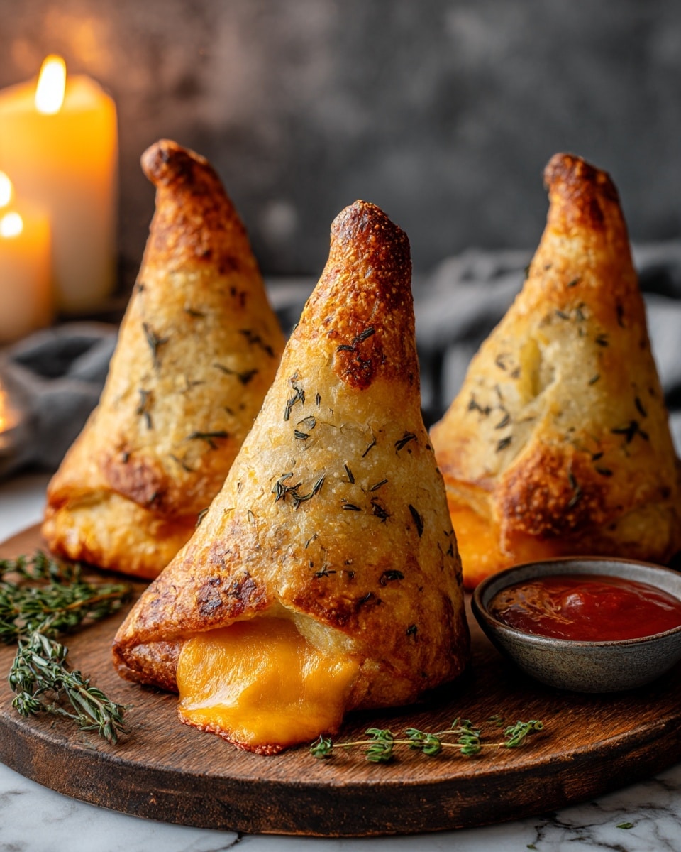 Three golden brown baked pastries shaped like tall cones sit on a round wooden board. Each pastry has a rough, crispy texture with dark brown toasted spots and herbs sprinkled on top. The base of each cone is wider and cracks slightly, showing melted, bright orange cheese oozing out. Near the pastries, there is a small bowl filled with red dipping sauce. Fresh green herb sprigs lay beside the pastries, and a soft warm light from a candle in the blurry background adds cozy ambiance. The scene is set on a white marbled texture. photo taken with an iphone --ar 4:5 --v 7