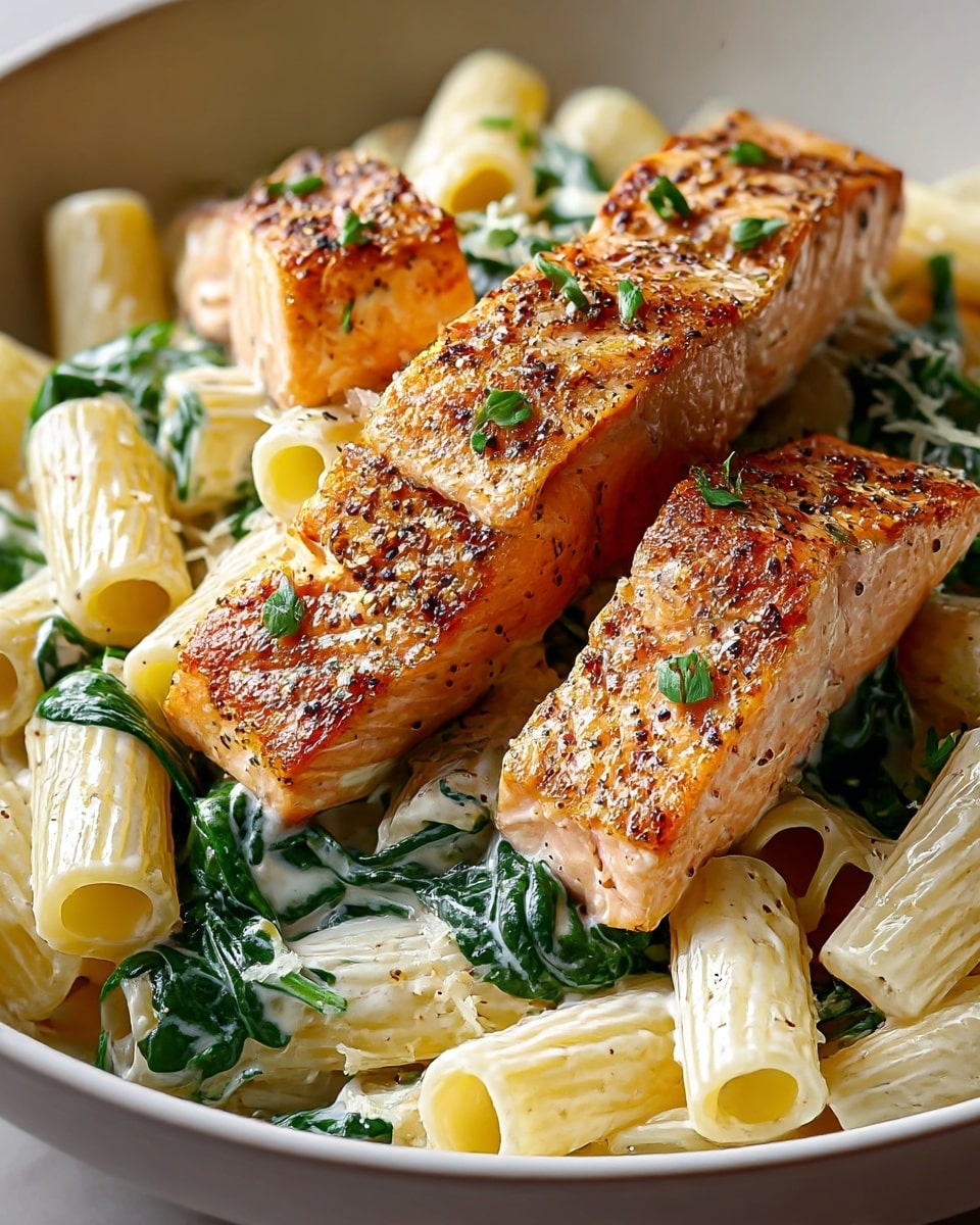 This dish shows a large white bowl filled with creamy rigatoni pasta mixed with wilted dark green spinach leaves. On top, there are four thick pieces of seared salmon, each with a golden-brown crust and sprinkled with black pepper and small green herbs. The creamy pasta sauce clings to the rigatoni, giving a shiny off-white color, while the salmon pieces have visible grill marks and a slightly pink interior. The overall look is fresh with a mix of cream, green, and orange tones. Photo taken with an iphone --ar 4:5 --v 7