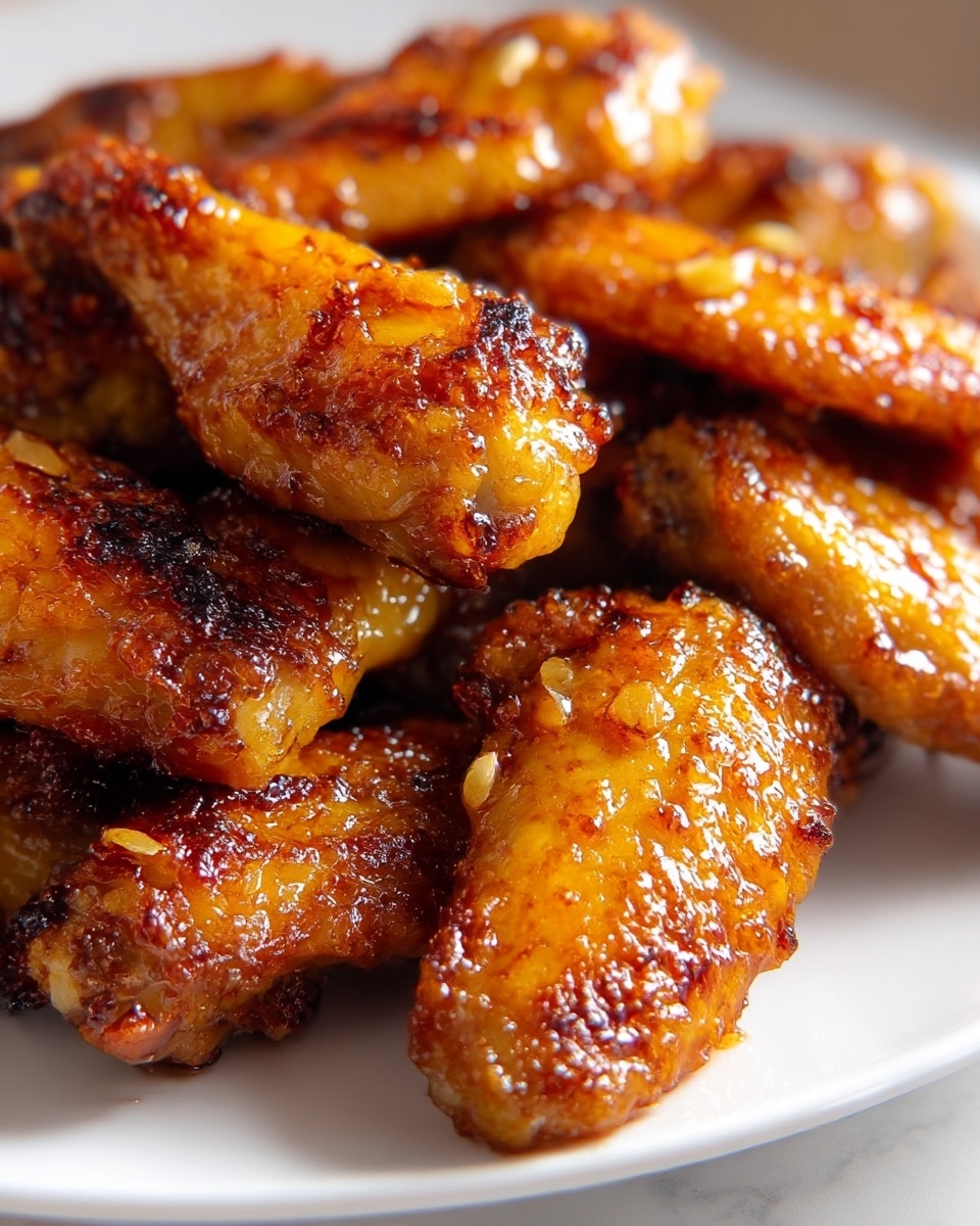 A close-up view of a white plate filled with crispy chicken wings stacked in layers, showcasing a rich golden-brown color with a slightly caramelized, shiny glaze. The wings have charred spots and a sticky texture, with visible bits of seasoning and small roasted garlic pieces on the surface. The plate sits on a white marbled surface, and the focus is on the detailed texture and glossy finish of the chicken skin photo taken with an iphone --ar 4:5 --v 7