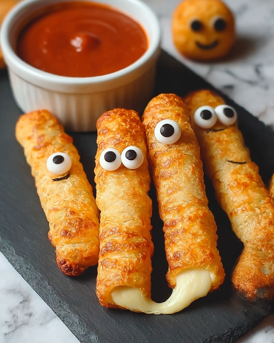 The image shows five crispy golden-brown cheese sticks placed on a dark slate board, each stick wrapped in a textured, baked dough layer with a bubbly, browned surface. Some sticks have small, round edible eyes on top, adding a playful touch. One stick has melted cheese slightly oozing out of the end. In the background, there is a white cup filled with a thick red dipping sauce. The setting is on a white marbled texture, enhancing the warm colors of the cheese sticks and sauce. photo taken with an iphone --ar 4:5 --v 7