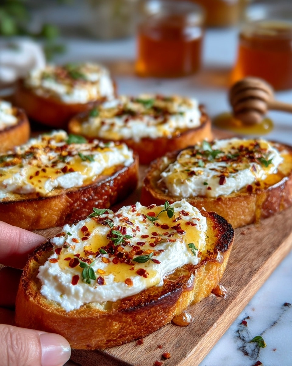 The image shows several slices of toasted bread with a golden-brown crust as the base layer. On top of each slice, there is a thick layer of white, creamy cheese spread unevenly. The cheese is drizzled with a glossy layer of honey and sprinkled with red chili flakes and small green herb leaves, adding color contrasts of white, golden yellow, red, and green. The toasts are arranged on a wooden board, and a woman's hand is visible holding the edge of the board. In the background, there is a honey dipper and blurred jars of honey on a white marbled surface. photo taken with an iphone --ar 4:5 --v 7