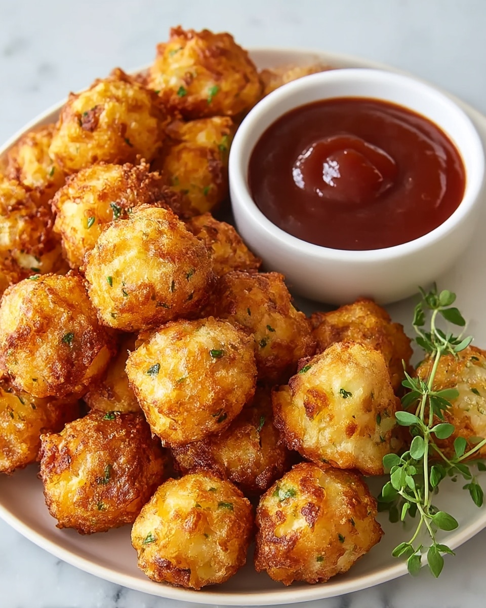 The image shows a white plate filled with small, golden-brown fried cheese balls that have bits of green herbs mixed in. The cheese balls have a crispy and slightly uneven texture on the outside. On the right side of the plate, there is a small white bowl filled with smooth, dark red dipping sauce. A small sprig of fresh green herbs is placed next to the bowl on the plate. The plate sits on a white marbled surface, creating a clean and bright background. photo taken with an iphone --ar 4:5 --v 7