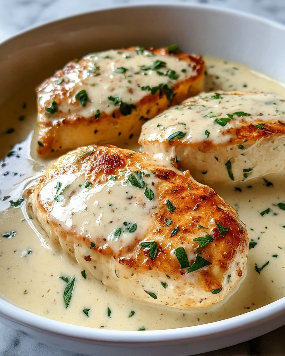 Three pieces of golden-brown cooked chicken breasts sit in a shallow pool of creamy white sauce inside a white bowl. The chicken has a slightly crispy texture on top and is garnished with small green parsley leaves scattered over the surface and sauce. The sauce looks smooth and thick, coating the chicken nicely. The background is a white marbled texture. photo taken with an iphone --ar 4:5 --v 7