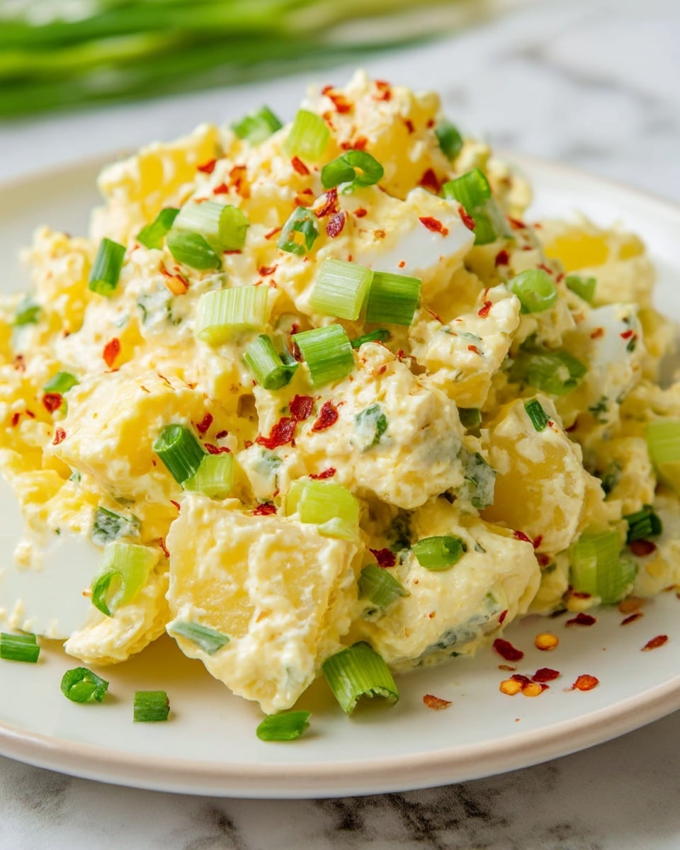 The image shows a close-up of a creamy salad on a white plate with a white marbled background. The salad has three main layers: a base of yellow and white chunks of boiled eggs and potatoes, mixed with a thick creamy yellow mayonnaise-like sauce. Green pieces of chopped chives and celery are scattered evenly on top, adding bright color and texture. Finally, red chili flakes are sprinkled across the salad, adding a touch of color contrast. The dish looks fresh and vibrant with a mix of smooth, soft, and crunchy textures. photo taken with an iphone --ar 4:5 --v 7