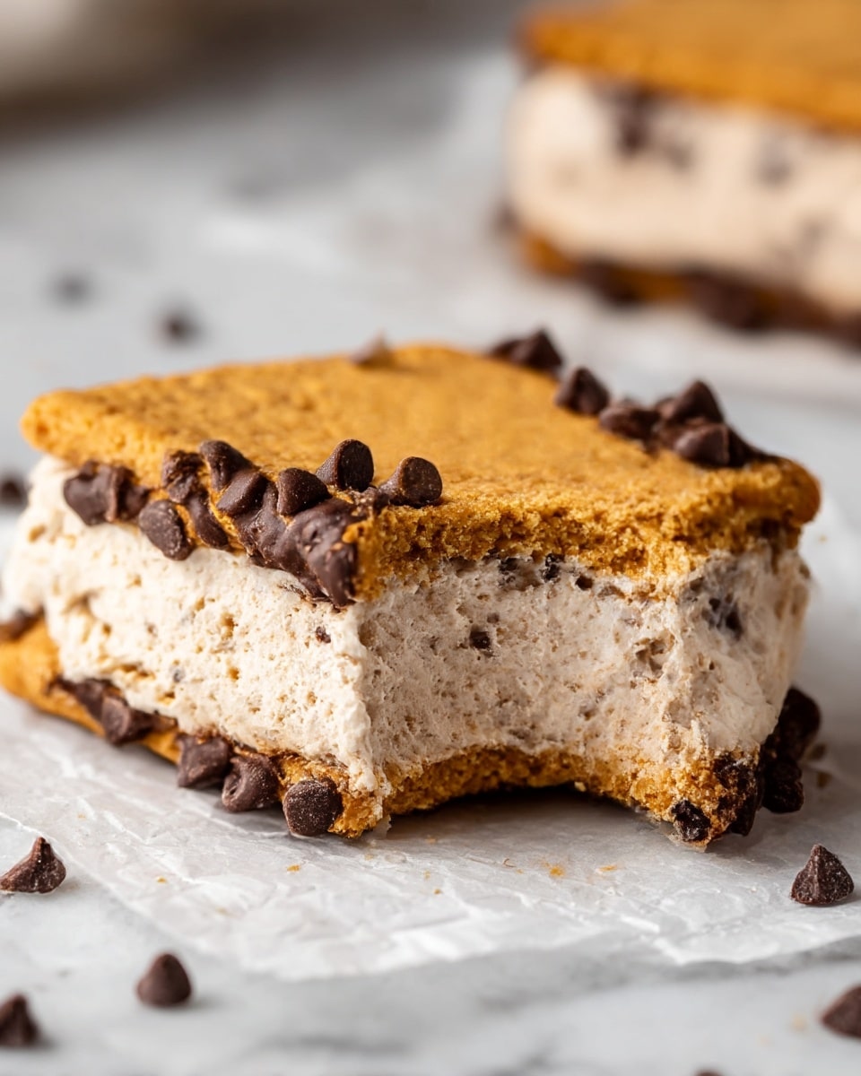 A close-up view of a s'mores ice cream sandwich with three layers: a top and bottom of golden brown, slightly crumbly graham cracker cookies, and a middle layer of light brown, creamy ice cream with chocolate flecks. The sandwich edges are coated with dark chocolate chips, some of which are pressed into the ice cream, adding a textured look. A bite is taken from one corner, revealing the layers inside. It sits on white parchment paper over a white marbled texture. In the background, another sandwich is slightly out of focus. Photo taken with an iphone --ar 4:5 --v 7