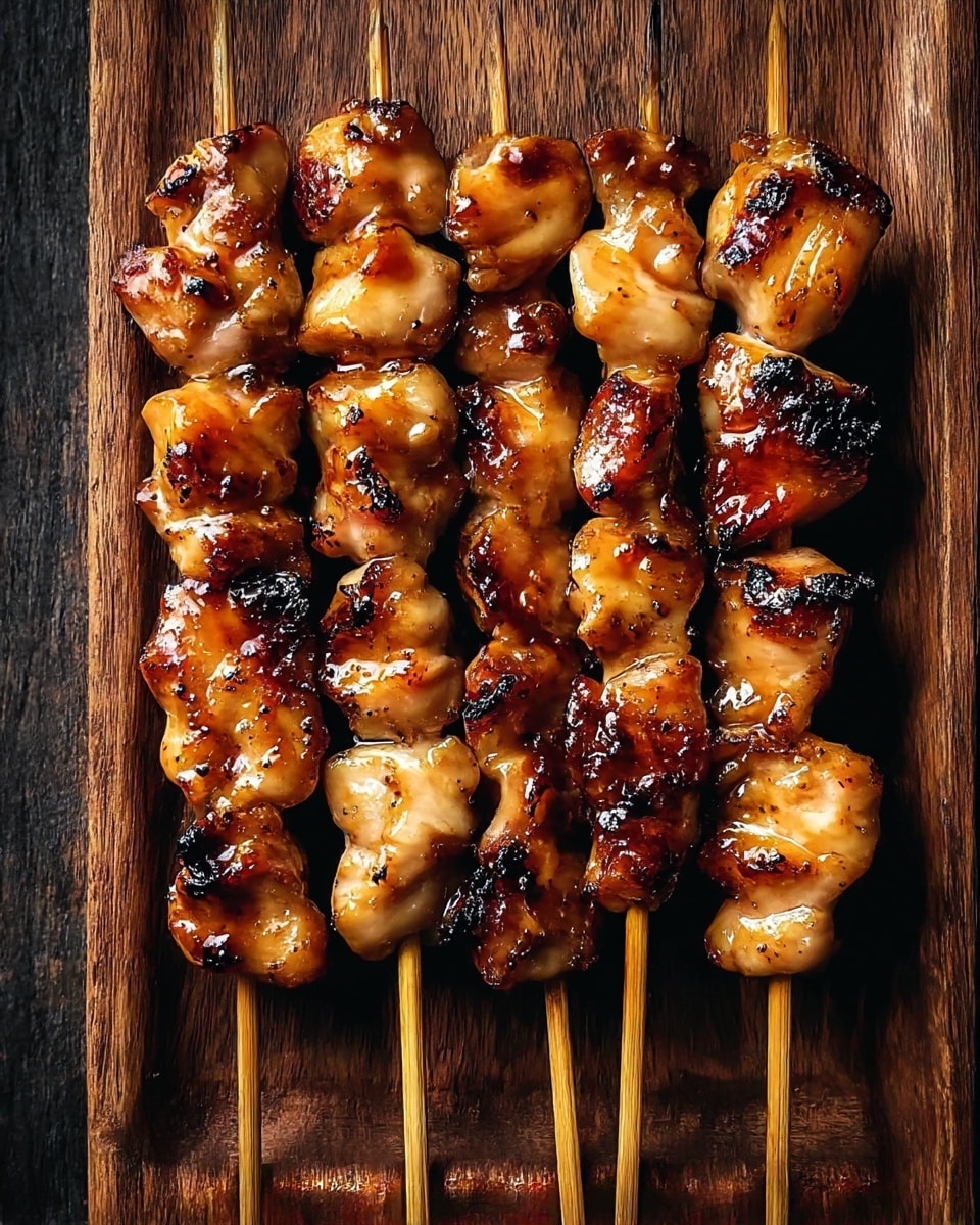 Five wooden skewers hold grilled pieces of chicken, placed side by side on a dark wooden tray. Each skewer has about 7 to 8 chunks of chicken that are golden brown with a shiny glaze, showing areas of slight charring and caramelization. The chicken pieces look juicy and have a mix of smooth and slightly rough textures from the grilling. The tray’s wood grain is visible around the edges, giving a rustic feel to the presentation. Photo taken with an iphone --ar 4:5 --v 7