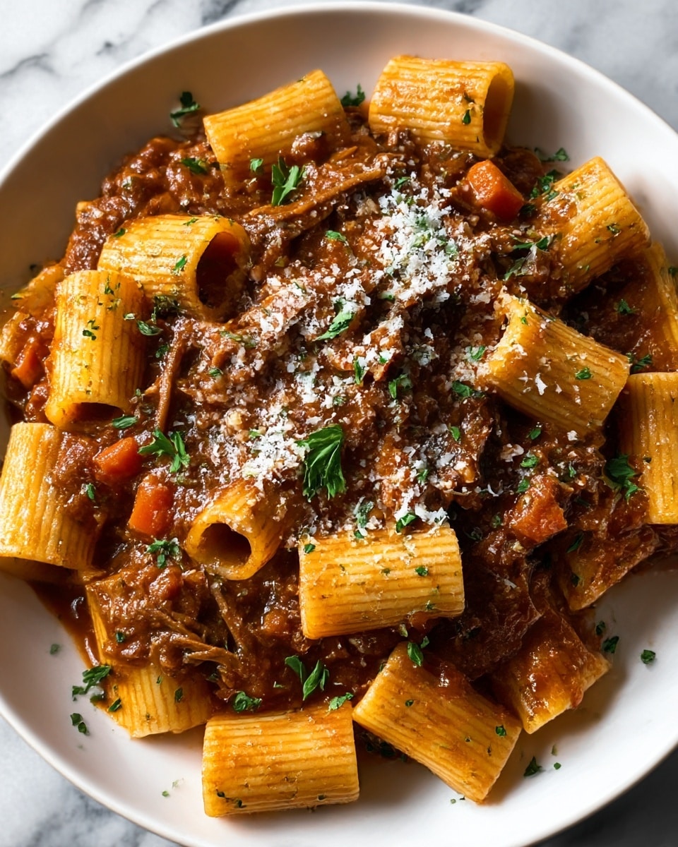 A white round plate filled with thick tube-shaped pasta pieces covered in a rich, chunky brown meat sauce. The sauce has tender pulled meat, small carrot slices, and bits of tomato, creating a textured look. The pasta is coated with the sauce, giving it a glossy appearance. Small green parsley flakes are sprinkled over the dish, with a light dusting of grated white cheese on top. The plate sits on a white marbled surface. photo taken with an iphone --ar 4:5 --v 7