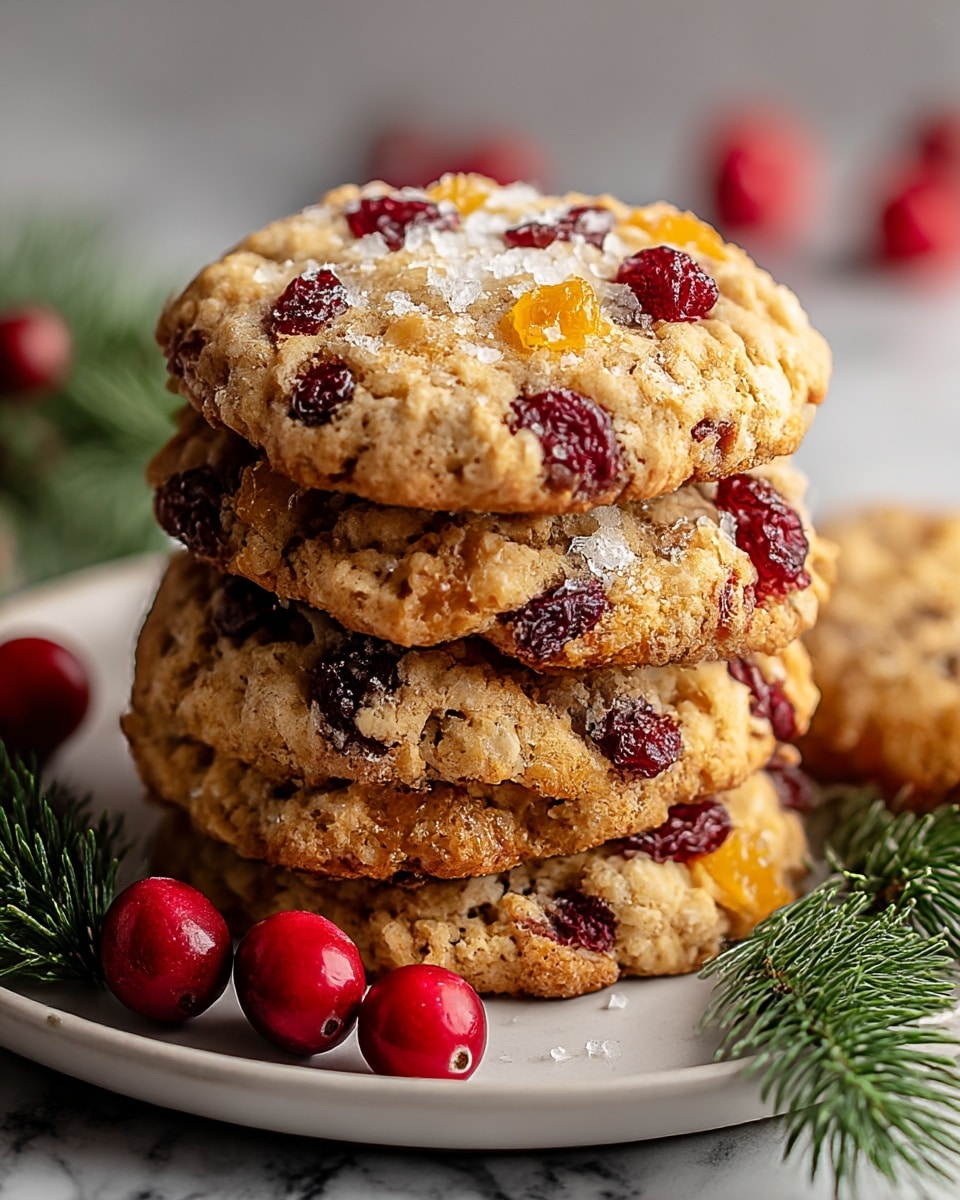 The image shows a stack of five thick oatmeal cookies on a white plate, each cookie featuring a rough, crumbly texture in a light golden brown color. Scattered across the cookies are pieces of bright red dried cranberries and small chunks of orange fruit, adding color contrast. The top cookie is sprinkled with coarse sea salt, giving a sparkling effect. Around the plate, there are a few fresh red cranberries and green pine sprigs, placed on a white marbled surface with soft, blurred red and green shapes in the background. photo taken with an iphone --ar 4:5 --v 7