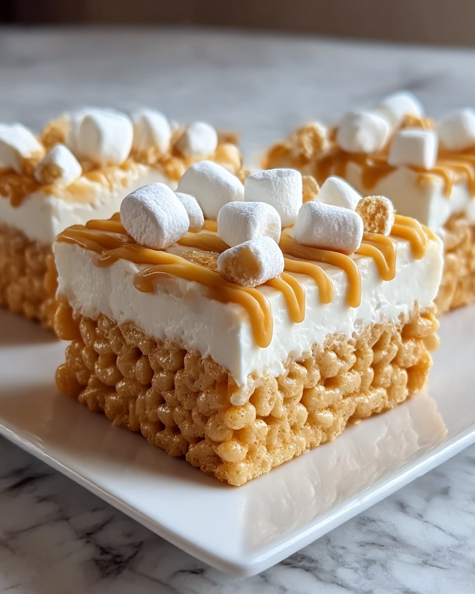 A close-up view of a square dessert bar with three distinct layers: the bottom layer is a light golden-brown crispy rice cereal that looks sticky and chewy; the middle layer is a smooth, creamy white marshmallow layer; the top layer is a glossy caramel drizzle, decorated with small white mini marshmallows and small light brown crunchy cereal pieces scattered on top. The dessert pieces are neatly placed on a white square plate on a white marbled texture surface. Photo taken with an iphone --ar 4:5 --v 7