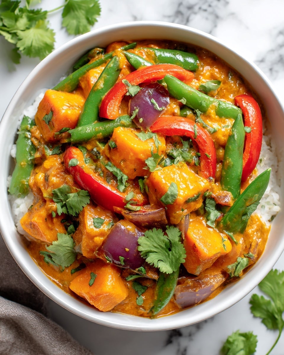 A white bowl filled with a colorful vegetable curry showing three main layers: the base layer is an orange, creamy sauce that coats all the ingredients, the middle layer has chunky butternut squash cubes with a soft texture and bright orange color, and the top layer features crisp green snap peas, sliced red bell peppers, and pieces of purple onion, all mixed in, with green cilantro leaves sprinkled over the dish for a fresh touch, the bowl rests on a white marbled surface with some scattered cilantro leaves nearby, photo taken with an iphone --ar 4:5 --v 7