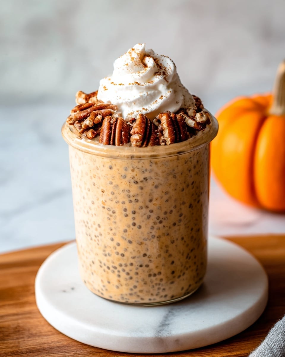 A clear glass jar filled with a creamy, light orange chia pudding that has visible black chia seeds scattered throughout. On top of the pudding, there is a layer of chopped pecans adding a textured, brown contrast. Above the nuts, a small swirl of white whipped cream is sprinkled with a light dusting of cinnamon powder. The jar sits on a round white marble coaster placed on a wooden surface, with a blurred small orange pumpkin in the background on a white marbled texture surface. photo taken with an iphone --ar 4:5 --v 7