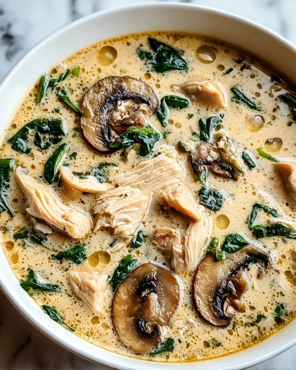 This image shows a close-up of a creamy soup served in a white bowl on a white marbled surface. The soup has a light beige creamy base with a smooth texture and small oil droplets on top. Floating throughout the soup are chunks of cooked chicken pieces that are off-white with a tender, fibrous texture. There are also slices of brown mushrooms with dark gills visible, adding a slightly chewy appearance. Bright green leafy spinach pieces are scattered evenly in the soup, giving a fresh contrast in color. The ingredients look well mixed but still distinct within the creamy broth. Photo taken with an iphone --ar 4:5 --v 7