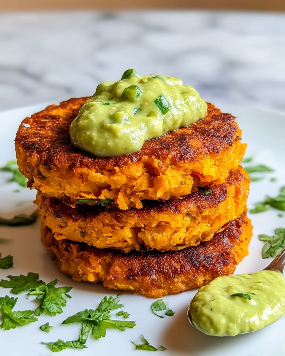 The image shows three thick, round sweet potato patties stacked on a white plate. The patties have a crispy, browned outer layer with a bright orange, soft, and slightly chunky inside. On the top patty, there is a dollop of smooth, creamy green avocado sauce with small pieces of chopped green herbs mixed in. Beside the stack, there is another small spoonful of the same green sauce, garnished with fresh green herb leaves scattered around the plate. The background is a white marbled texture. Photo taken with an iphone --ar 4:5 --v 7