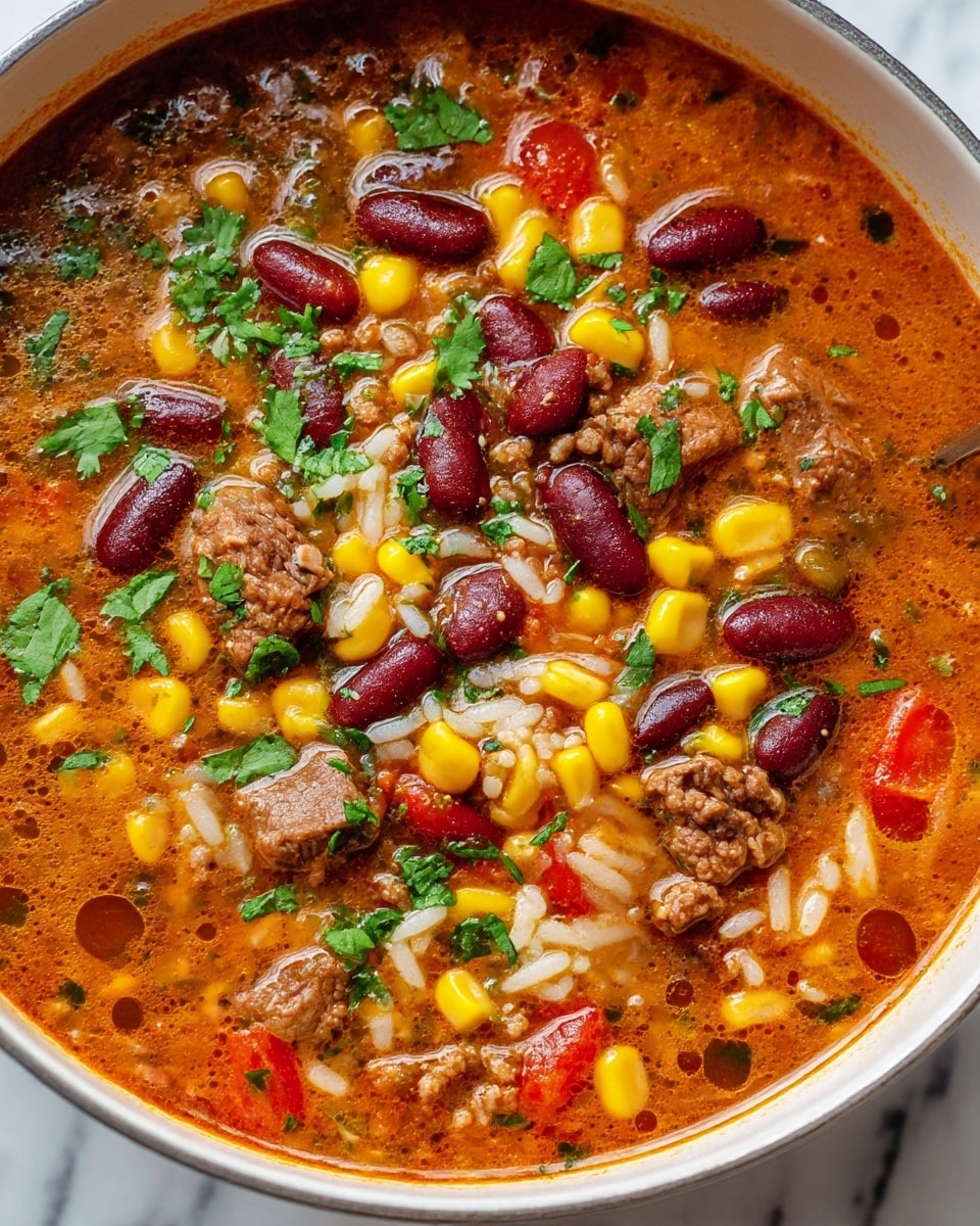 A close-up view of a bowl filled with a thick, rich soup showing multiple layers: at the base is a deep red-orange broth with an oily shine, mixed with soft yellow corn kernels, white rice grains, and dark red kidney beans scattered throughout. On top of this base layer, chunks of brown cooked beef and diced orange carrots are visible, adding darker and warmer tones. Bright green cilantro leaves are sprinkled evenly over the surface, adding fresh color contrast to the dish. The soup is served in a white bowl with a black rim, placed on a white marbled surface. photo taken with an iphone --ar 4:5 --v 7