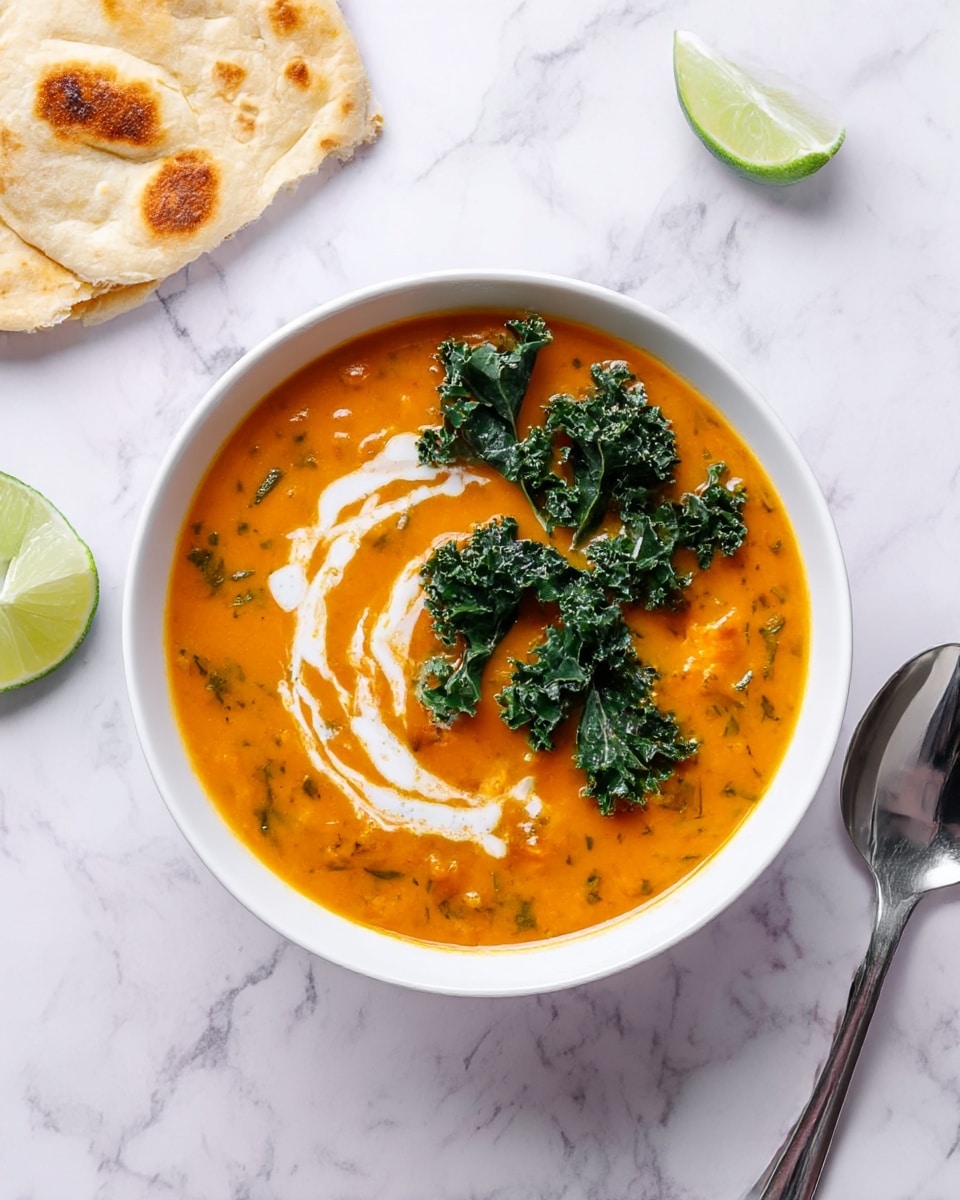 A white bowl filled with thick orange soup that has visible bits of green herbs mixed in. On top, there is a swirl of white cream and a cluster of dark green crispy kale leaves placed in the center. To the left of the bowl, there is a piece of flatbread with a slightly browned surface resting on a white marbled surface. Two lime wedges, one closer to the bowl and one in the top right corner, add a pop of bright green. On the right side, two shiny silver spoons lie beside the bowl. Photo taken with an iphone --ar 4:5 --v 7