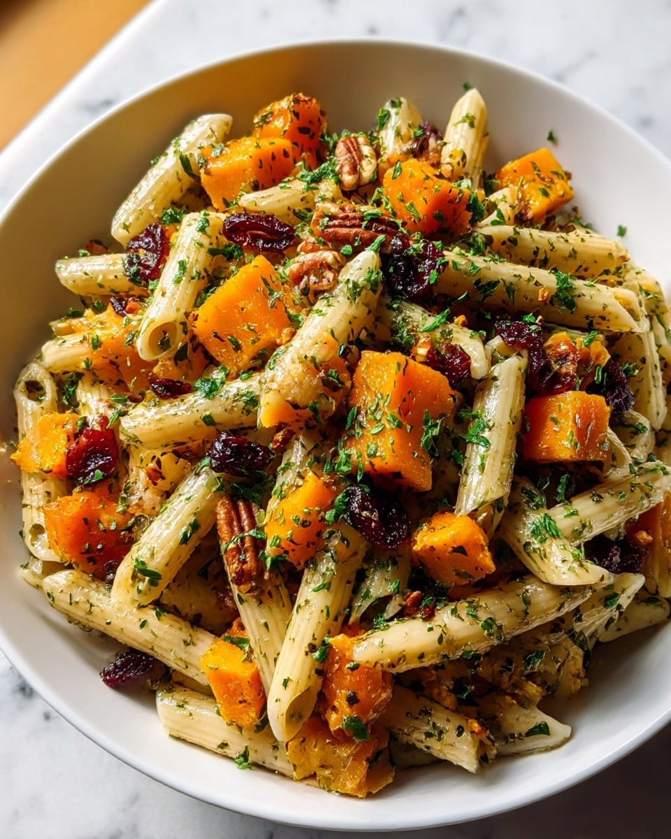 A white bowl filled with a colorful pasta dish resting on a white marbled texture. The bottom layer is penne pasta, cooked and lightly coated with herbs and oil, showing a pale cream color with flecks of green seasoning. Scattered throughout are medium-sized orange cubes of roasted butternut squash with a soft, slightly browned texture. Mixed in are dark red dried cranberries and small, glossy pecan halves, adding texture and contrast. The entire dish is sprinkled with finely chopped green parsley, giving it a fresh and vibrant look. The lighting highlights the shine on the pasta and the slight caramelization of the squash, making the dish appear warm and inviting. photo taken with an iphone --ar 4:5 --v 7