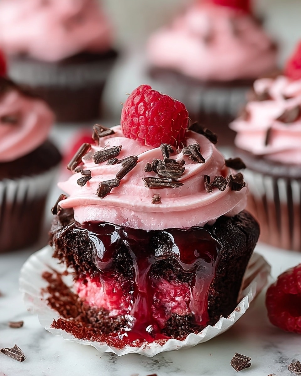 A close-up of a chocolate cupcake cut in half showing three layers: the bottom dark, moist chocolate cake layer, a thick middle layer of bright red raspberry sauce oozing out, and the top layer of smooth pink frosting swirled in a circle. On the frosting are small dark chocolate pieces scattered around, and a fresh red raspberry sits on top. In the background, there are more whole cupcakes with the same pink frosting and raspberry with chocolate pieces. The cupcakes sit on a white marbled texture. photo taken with an iphone --ar 4:5 --v 7