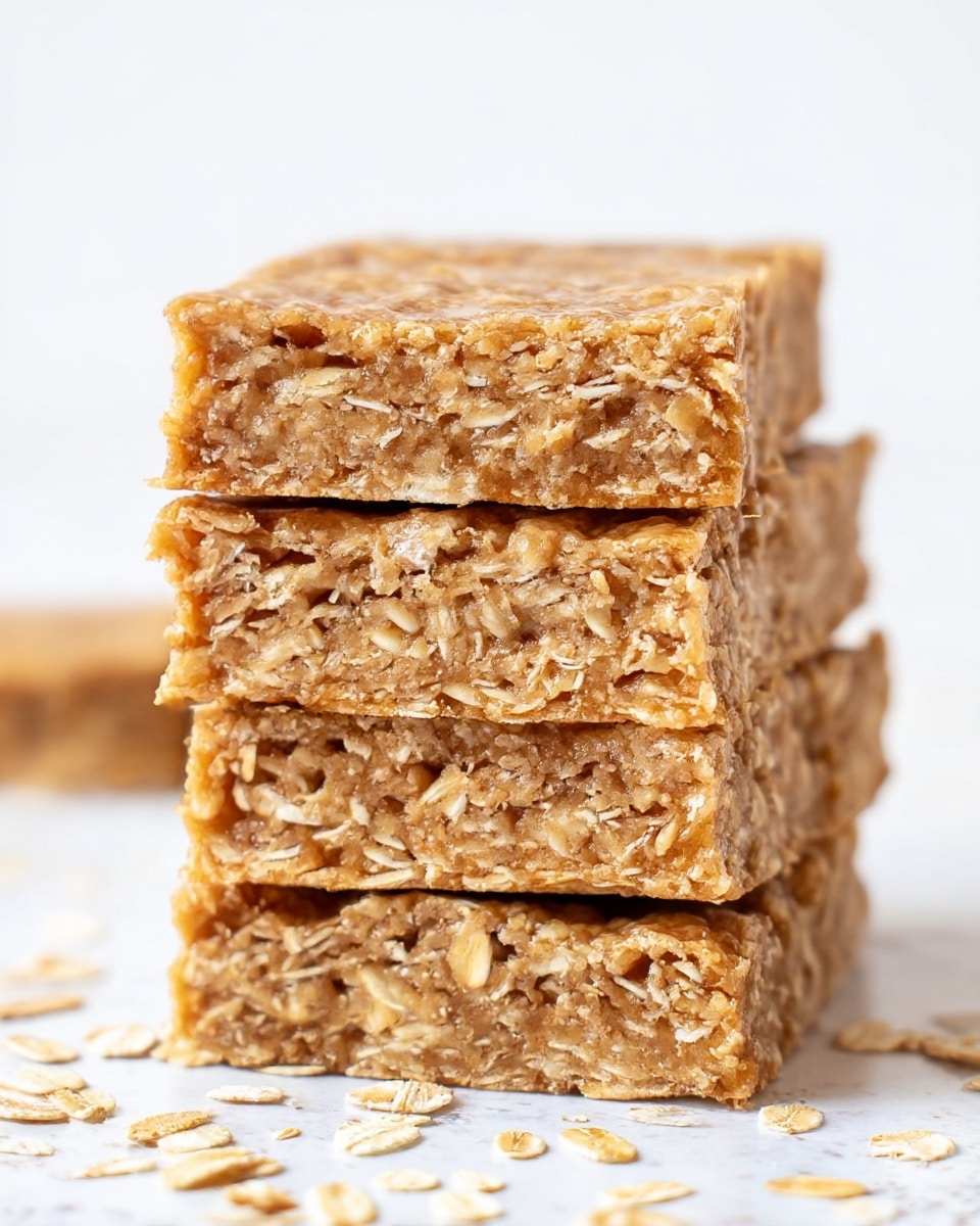 A close-up image of a stack of four oat bars, each layer rough and textured, showing visible oats and a golden-brown color. The bars are thick and dense, with a slightly sticky look on the top layer, while some oat flakes are scattered around the stack on a white marbled texture surface. The background is very bright, almost white, making the oat bars stand out clearly. Photo taken with an iphone --ar 4:5 --v 7