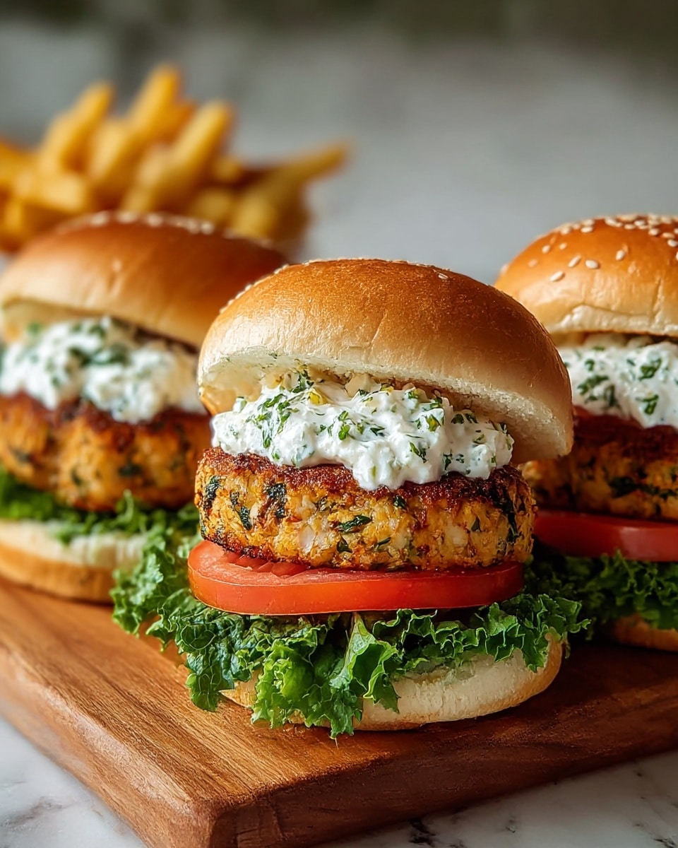 The image shows three sandwiches side by side on a wooden board, each with a white sesame seed bun top. Each sandwich has four layers visibly stacked: at the bottom, a soft toasted bun, followed by a fresh green leafy lettuce layer, then a thick red tomato slice, above that a golden brown, crispy fish or veggie patty with visible bits of green herbs, topped with a dollop of white cottage cheese sprinkled with small green herb pieces, and finished with the soft white sesame seed bun top slightly angled back to reveal the contents. In the background to the left, there are some golden French fries out of focus, and the whole setup is on a white marbled surface. Photo taken with an iphone --ar 4:5 --v 7