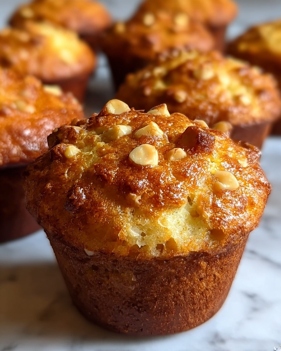 The image shows a close-up of a golden brown muffin with a slightly rough, crunchy top layer covered in small chunks of nuts and baked batter, giving it a textured look. The muffin cup is dark brown and solid, holding the soft inside that is light yellow with bits of nuts peeking through. In the background, several muffins of similar size and texture are blurred and closely packed. The surface beneath the muffins is a white marbled texture. photo taken with an iphone --ar 4:5 --v 7