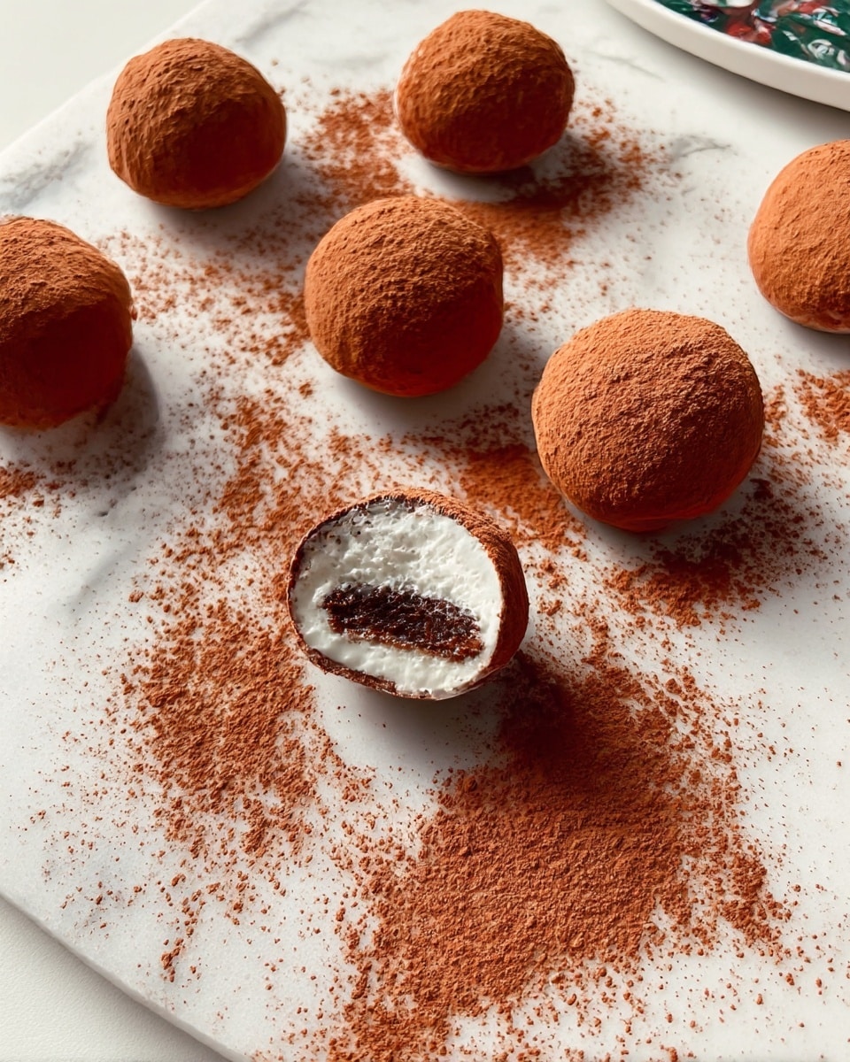 The image shows several small, round chocolate desserts arranged on a white marbled surface, each covered in a thick layer of fine cocoa powder that also lightly dusts the surrounding area. One of the treats is broken open, revealing a creamy white filling sandwiched between two dense, dark chocolate outer layers. The desserts have a rough texture from the cocoa coating, giving them a rich and indulgent look. The lighting creates soft shadows, adding depth and highlighting the powdery texture on each piece. Photo taken with an iphone --ar 4:5 --v 7