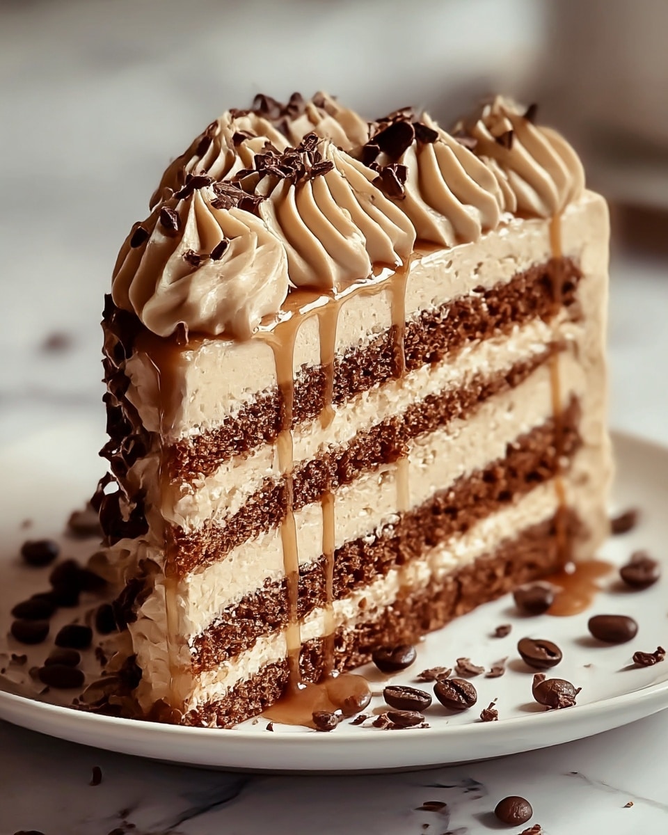 A three-layer coffee-flavored cake slice sits on a white plate, showing its moist brown cake layers separated by thick, creamy beige coffee frosting. The top of the cake is covered with large, neat swirls of the same coffee frosting, sprinkled with small dark chocolate shavings. Light caramel sauce drips gently over the frosting and edges of the cake. Coffee beans and chocolate crumbs are scattered around the plate on a white marbled surface, creating a rich, inviting look. photo taken with an iphone --ar 4:5 --v 7