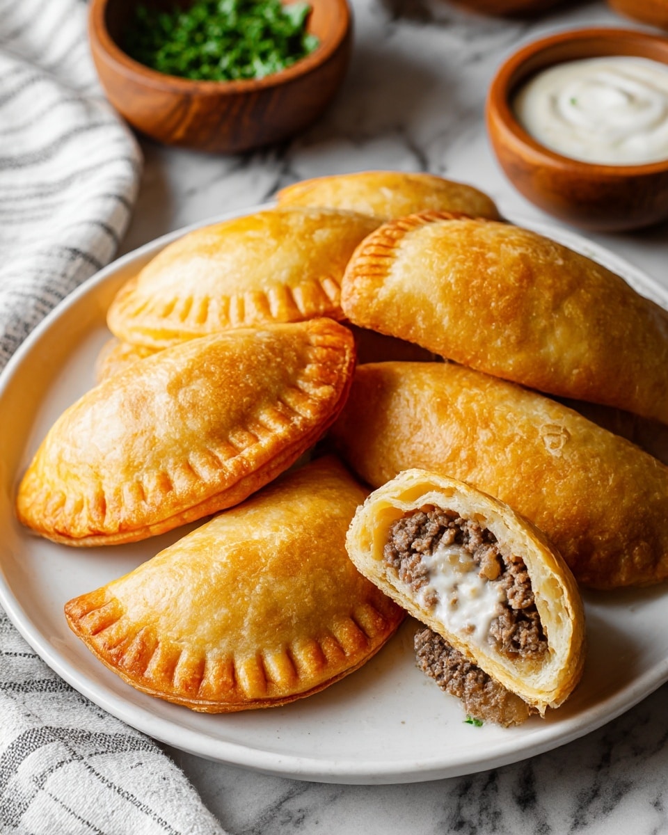 A white plate holds six golden-brown empanadas with a crispy, slightly shiny texture. Two empanadas are cut in half, showing a filling of finely ground brown meat mixed with bits of white onion and a creamy white sauce inside. The edges of the empanadas are crimped with a fork pattern, adding texture and detail. The plate sits on a white marbled surface with a striped white and gray cloth nearby. In the background, a small wooden bowl with green chopped herbs and another wooden bowl with a creamy white sauce are partly visible. The lighting highlights the warm golden crust and the moist filling inside. photo taken with an iphone --ar 4:5 --v 7