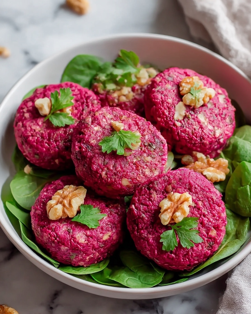 The image shows five round, bright pink patties with a coarse texture placed closely together in a white bowl. Each patty is topped with small pieces of light brown walnuts and a few green parsley leaves. The patties rest on a bed of fresh spinach and more parsley leaves, adding a dark green layer underneath. The bowl sits on a white marbled surface with a bit of cloth nearby. The photo taken with an iphone --ar 4:5 --v 7