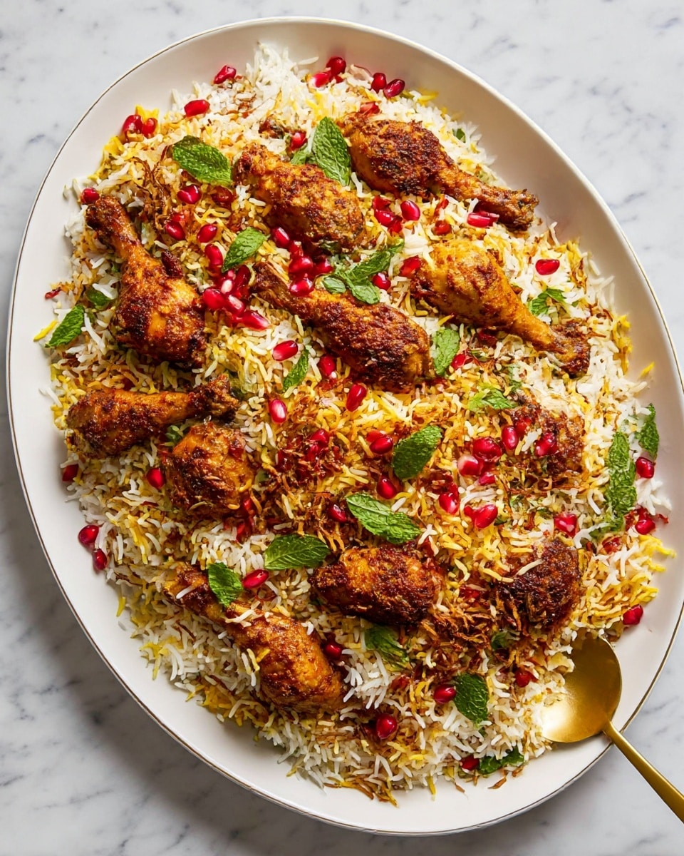 A large white oval plate holds a colorful biryani dish with three main layers: at the bottom, fluffy white and yellow basmati rice mixed with browned fried onions; the middle layer contains seven browned chicken drumsticks coated in spices, resting evenly across the rice; on top, bright red pomegranate seeds and fresh green mint leaves are scattered, adding color contrast and freshness. A gold spoon is partly buried under the rice near the bottom right of the plate, and the whole setup sits on a white marbled surface. photo taken with an iphone --ar 4:5 --v 7