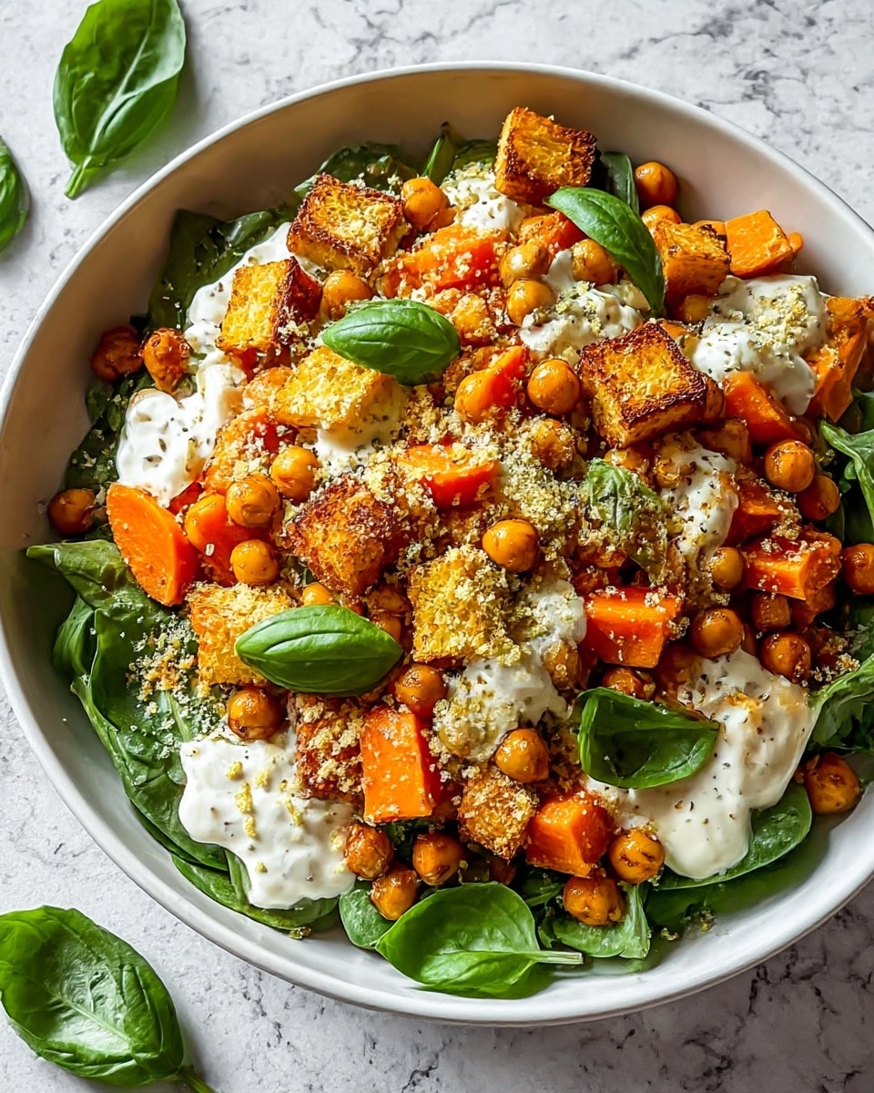 A white bowl filled with a colorful layered salad starts with a base of fresh green leaves spread evenly at the bottom. On top, there are chunks of bright orange roasted carrots mixed with golden-brown roasted chickpeas scattered all over. Pieces of crispy, golden toasted bread cubes are layered on top, adding texture with their browned edges. Dollops of creamy white sauce are spread across the dish, mingling with the greens and vegetables. The whole salad is lightly dusted with a crumbly, pale yellow seasoning, and fresh green basil leaves are placed decoratively on the surface. The bowl sits on a white marbled texture, capturing a fresh and vibrant look. Photo taken with an iphone --ar 4:5 --v 7