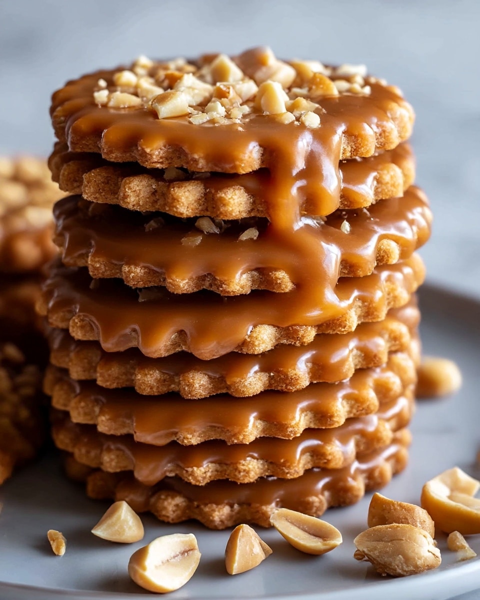 A close-up of a tall stack of six round cookies with scalloped edges, each layered with a thick, glossy caramel coating that drips slightly over the edges, topped with chopped peanuts. The cookies are golden brown with a slightly rough texture, and the caramel is smooth with a rich medium brown color. A few peanut pieces are scattered around the base on a white plate, all set against a white marbled textured surface. photo taken with an iphone --ar 4:5 --v 7
