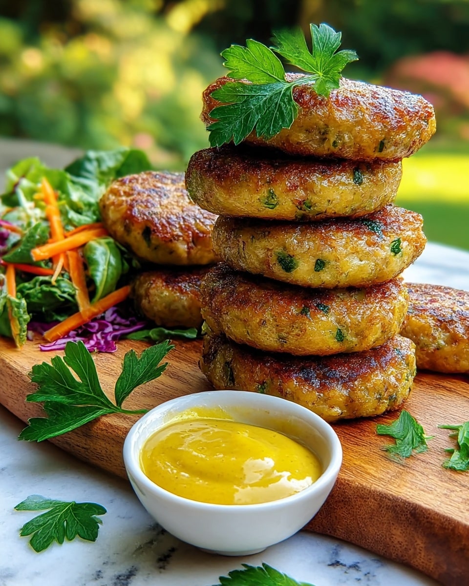 A stack of five golden-brown patties with a slightly crispy texture and small green herb pieces throughout is placed on a wooden board. A small white bowl filled with smooth, yellow mustard sauce sits in the foreground on the board. To the left of the patties, there is a fresh salad with green leafy vegetables, orange carrot strips, and some purple cabbage, adding bright color and texture contrast. A fresh green parsley leaf is placed on top of the patties and scattered around the board. The background shows a softly blurred garden scene, and the whole setting is on a white marbled surface. photo taken with an iphone --ar 4:5 --v 7