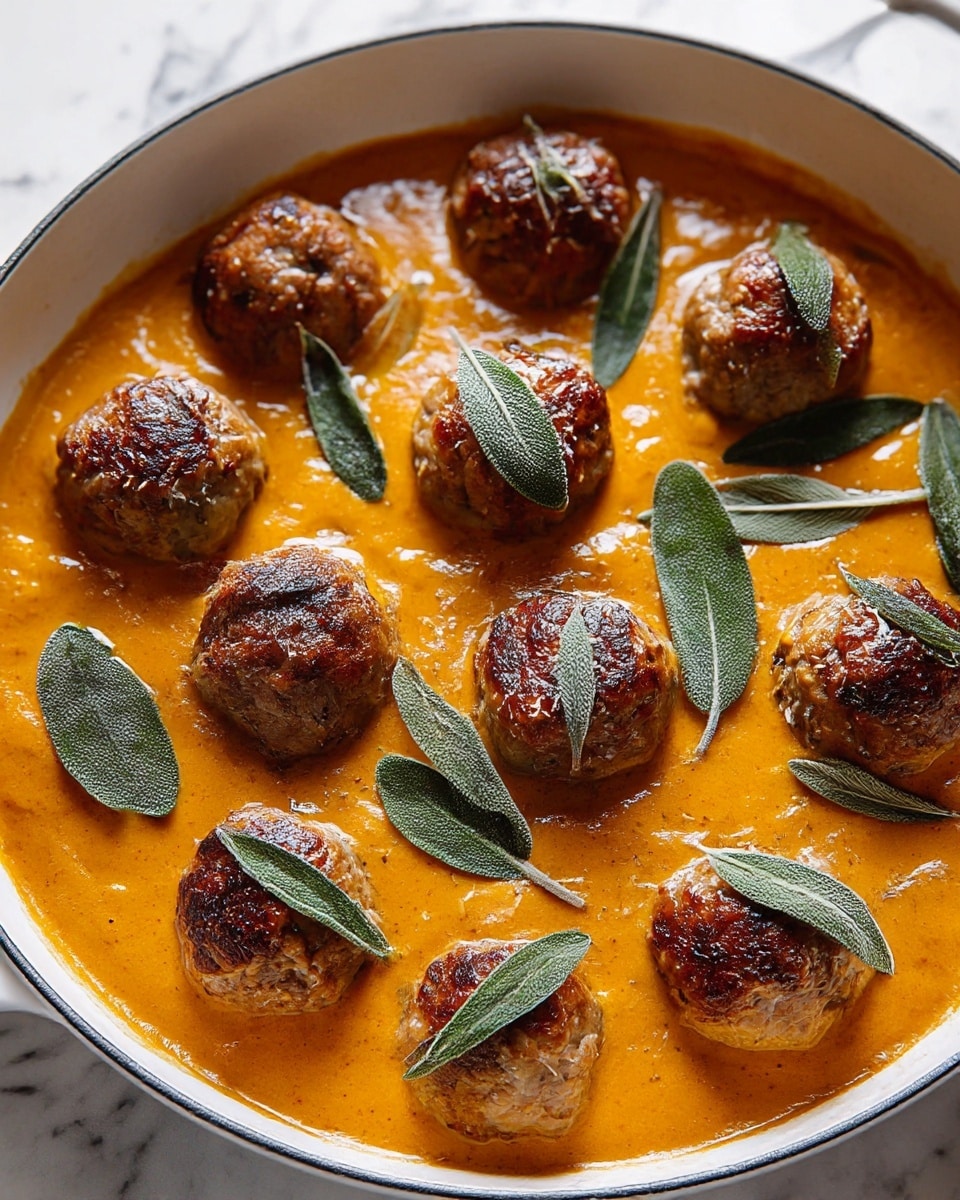 A white pan filled with a smooth orange sauce as the base layer, topped evenly with ten round, browned meatballs that have a crispy texture on top. Scattered on top of the meatballs and sauce are fresh green sage leaves, adding a pop of color and freshness to the dish. The pan is placed on a white marbled surface. Photo taken with an iphone --ar 4:5 --v 7