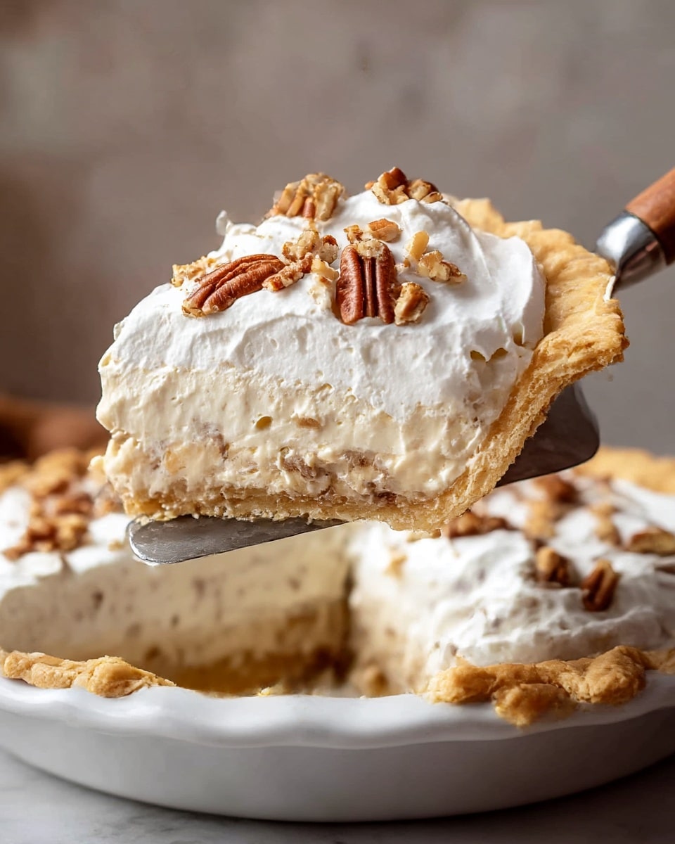 A slice of pie is being lifted with a spatula from a white pie dish on a white marbled surface. The pie has three clear layers: a golden flaky crust at the bottom with crimped edges, a thick creamy filling with small nut pieces mixed inside, and a thick white whipped topping with a soft, smooth texture. The topping is sprinkled with chopped toasted pecans for a crunchy contrast. Photo taken with an iphone --ar 4:5 --v 7