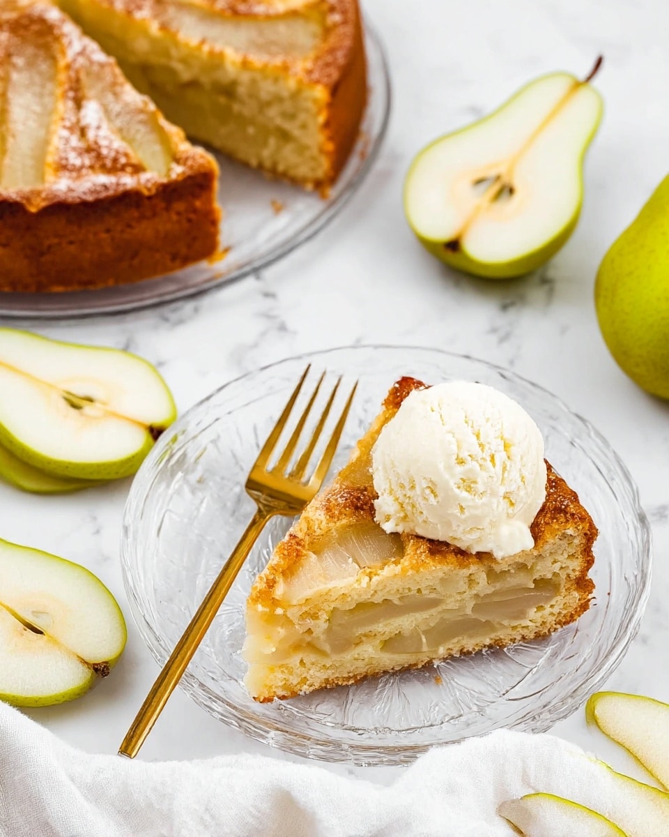 A clear glass plate holds a slice of pear cake with a golden brown top, showing visible layers of light yellow cake mixed with soft pieces of pear inside. A scoop of creamy white ice cream sits next to the slice. A small golden fork is placed at the top of the plate. The background is a white marbled texture, with a whole pear cake with a cinnamon-dusted top to the left, two halves of a fresh pear at the top left, and thin slices of pear arranged on a white cloth at the bottom right. Photo taken with an iphone --ar 4:5 --v 7