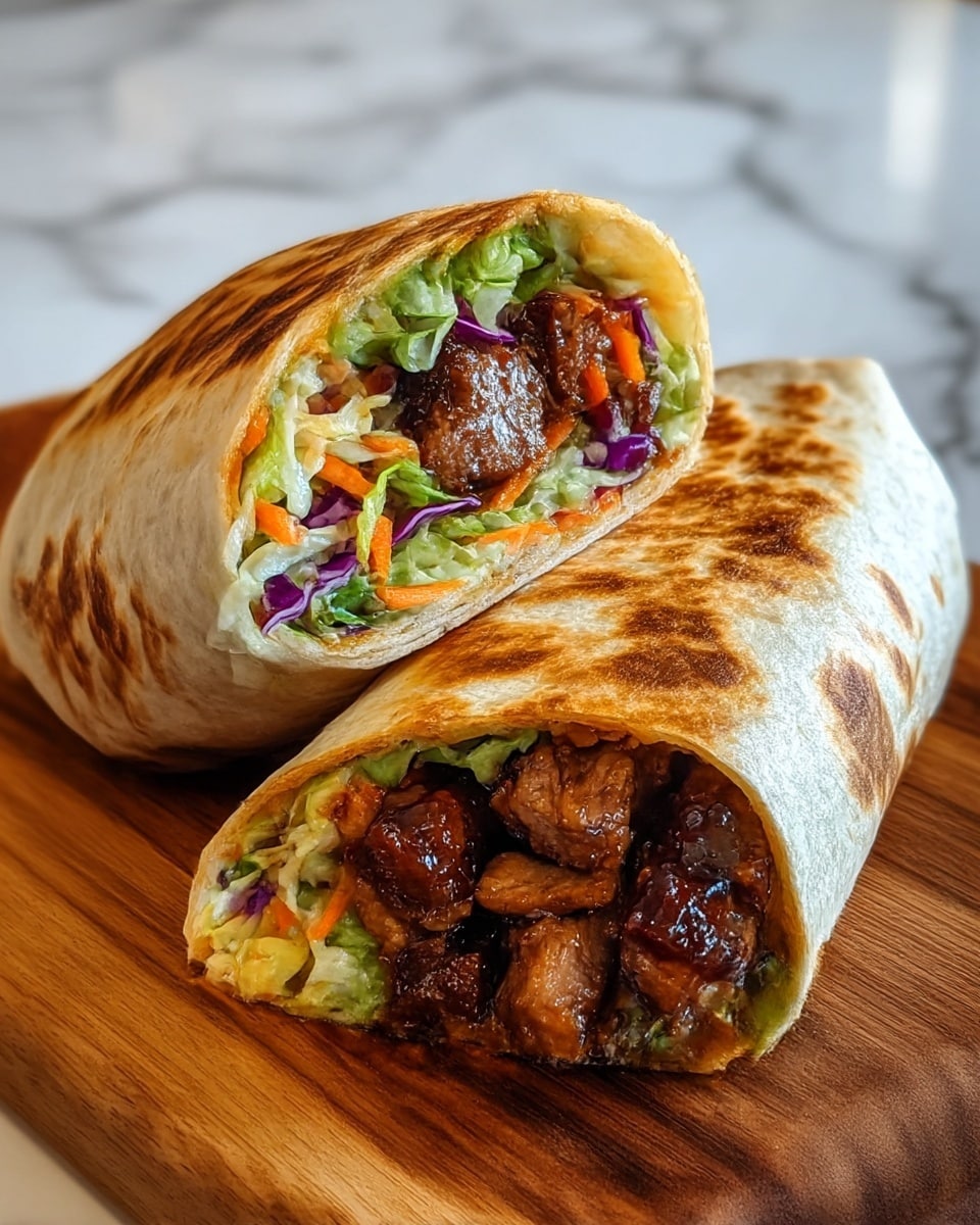 The image shows a close-up of two halves of a toasted wrap placed on a wooden board. Each wrap half has a golden-brown, slightly crispy tortilla exterior with visible browned spots. Inside, the wrap is filled with three main layers: the bottom layer contains chunks of dark brown, grilled or roasted meat, slightly glazed and juicy; above the meat is a fresh layer of mixed shredded vegetables, including green lettuce, thin orange carrot strips, and small pieces of purple cabbage. The layers are neatly packed and visible from the open ends of the wrap. The background features a white marbled texture. photo taken with an iphone --ar 4:5 --v 7
