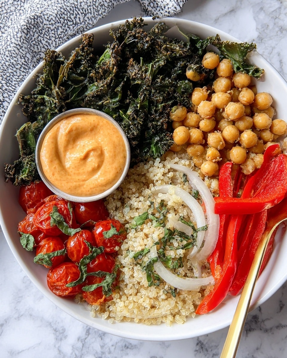 The dish is served in a white bowl with six distinct sections arranged side by side. Starting from the top left, there is a dark green layer of crispy kale with a slightly rough texture. Next to it on the right, there are light brown chickpeas mixed with small green leaves. Below the kale, a small round bowl of creamy orange sauce sits on the edge. To the bottom left, there is a layer of shiny roasted cherry tomatoes garnished with green leaves. In the middle bottom, a light beige grain, likely quinoa, fills the space with a soft, fluffy texture and some green toppings. To the right of the chickpeas, there are thin slices of white onion with a slightly translucent look, layered over bright red pepper strips. A gold-colored spoon rests near the grains and peppers. The bowl is placed on a white marbled surface with a patterned cloth partially showing in the background. photo taken with an iphone --ar 4:5 --v 7