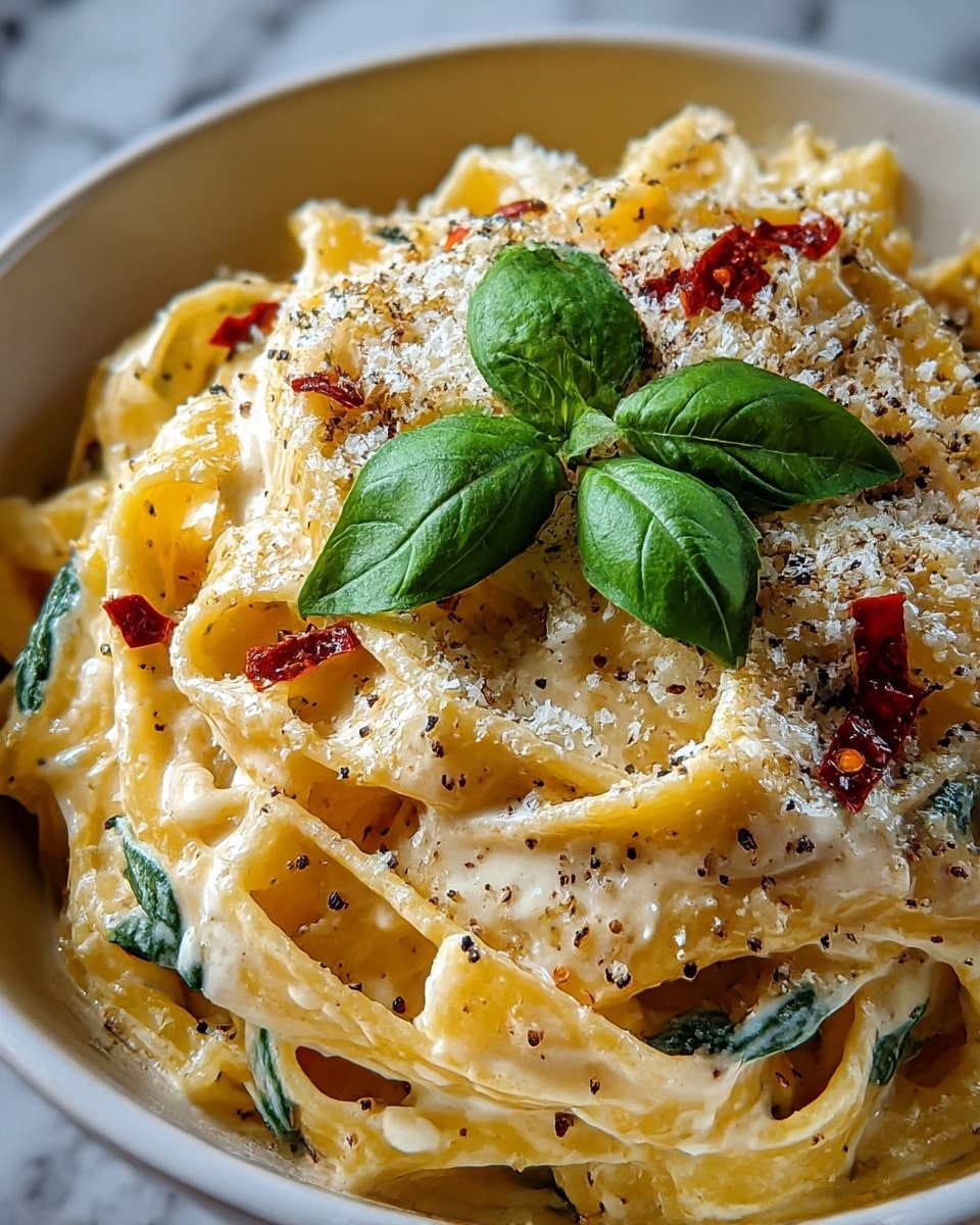 A bowl filled with creamy pasta made of wide, flat noodles coated in a rich, light orange sauce that looks smooth and thick. There are small dark red dried tomato pieces scattered on top and a sprinkle of black pepper and coarse salt spread evenly across the pasta. In the center, two fresh green basil leaves add a pop of color. The bowl is dark and contrasts with the white marbled surface beneath it. photo taken with an iphone --ar 4:5 --v 7