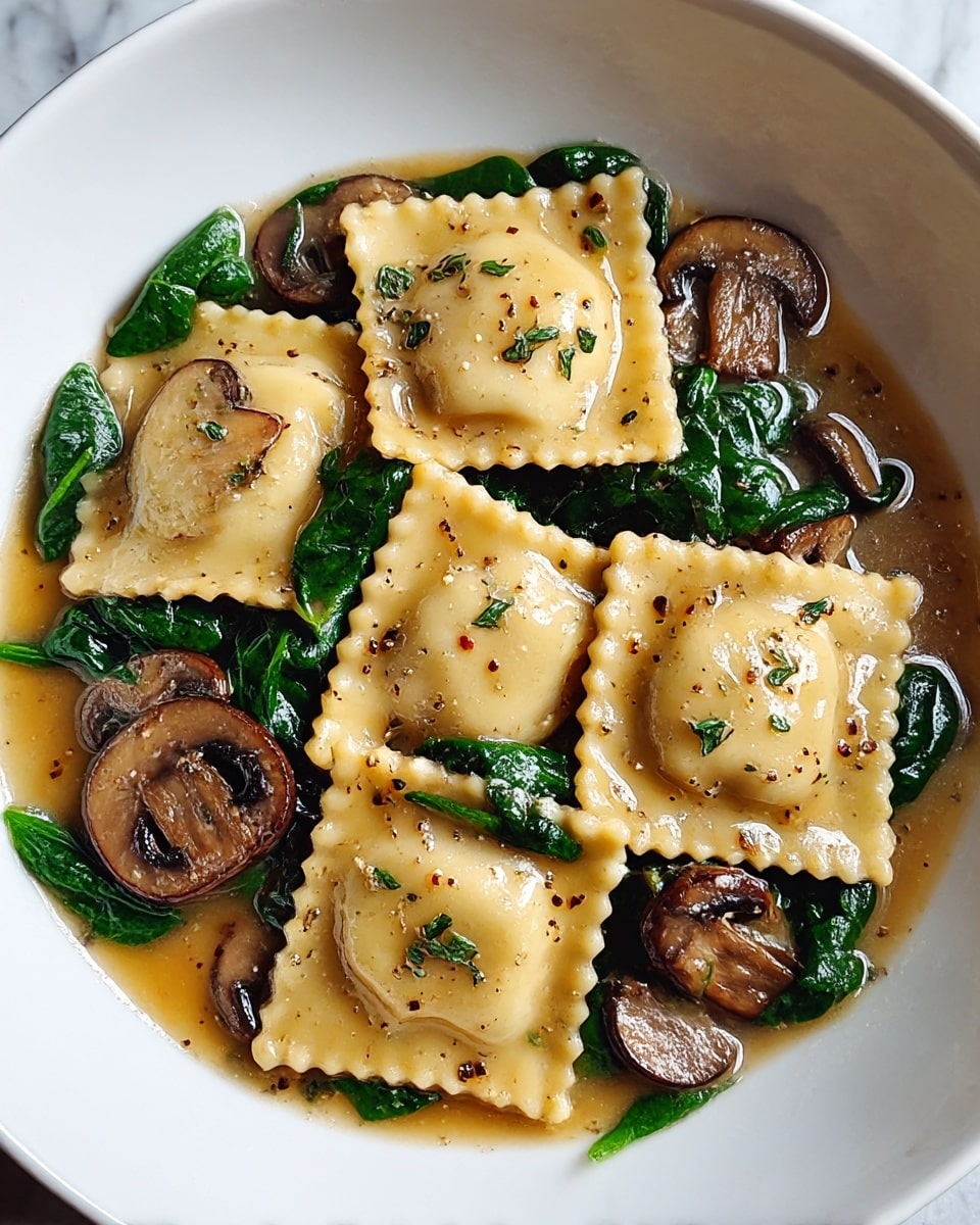 A white bowl filled with five square ravioli pieces that are light golden with crinkled edges, each topped with small bits of herbs and black pepper. Around and beneath the ravioli, there are dark green wilted spinach leaves mixed with several sautéed brown mushroom slices, all sitting in a light brown, glossy sauce that adds shine and moisture to the dish. The overall look is fresh and warm, with specks of seasoning visible on the pasta and vegetables. The bowl is set on a white marbled texture surface. photo taken with an iphone --ar 4:5 --v 7