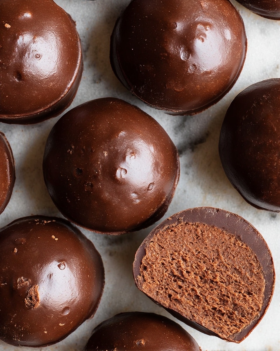 The image shows several round chocolate truffles arranged on a light brown parchment-like surface with a white marbled texture. Each truffle has a smooth, shiny dark chocolate coating with slight texture variations on its surface. Some truffles are whole and dome-shaped with a glossy finish, while others are cut in half to reveal a dense, rich-looking chocolate mousse filling inside. The inside filling is a lighter brown, creamy, and slightly crumbly in texture. The cut halves display about two layers: a thin outer shiny chocolate shell and a thick soft mousse layer inside. The truffles are closely placed in a scattered pattern. photo taken with an iphone --ar 4:5 --v 7