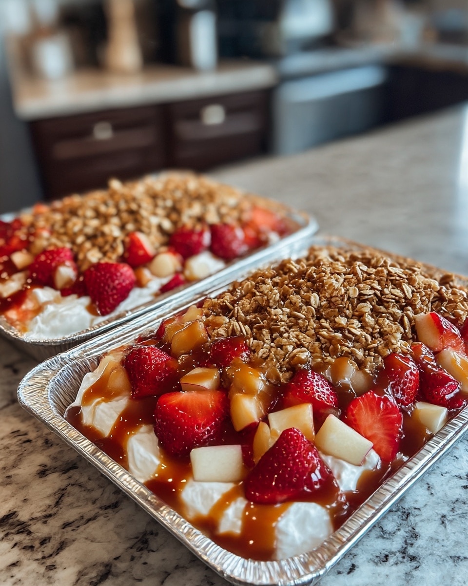Two rectangular aluminum trays are filled with a layered dessert starting with a thick base of white whipped cream, topped with fresh cut strawberries and apple pieces scattered across the surface. A rich, glossy brown caramel sauce is drizzled over the fruits, adding shine and texture. The top layer is a generous pile of golden brown granola or oat clusters, creating a crunchy contrast. The trays are placed on a white marbled textured countertop with a blurred kitchen setting in the background. photo taken with an iphone --ar 4:5 --v 7