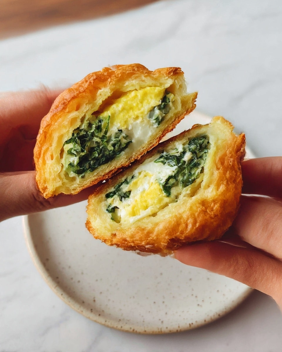 A close-up of a golden brown, crescent-shaped pastry held apart by two woman's hands, showing a creamy filling inside with three visible layers: a crispy outer shell, a soft, yellow egg layer, and a white layer mixed with green leafy vegetables. The background is a white marbled texture, and the pastry sits on a simple white speckled plate. Photo taken with an iphone --ar 4:5 --v 7