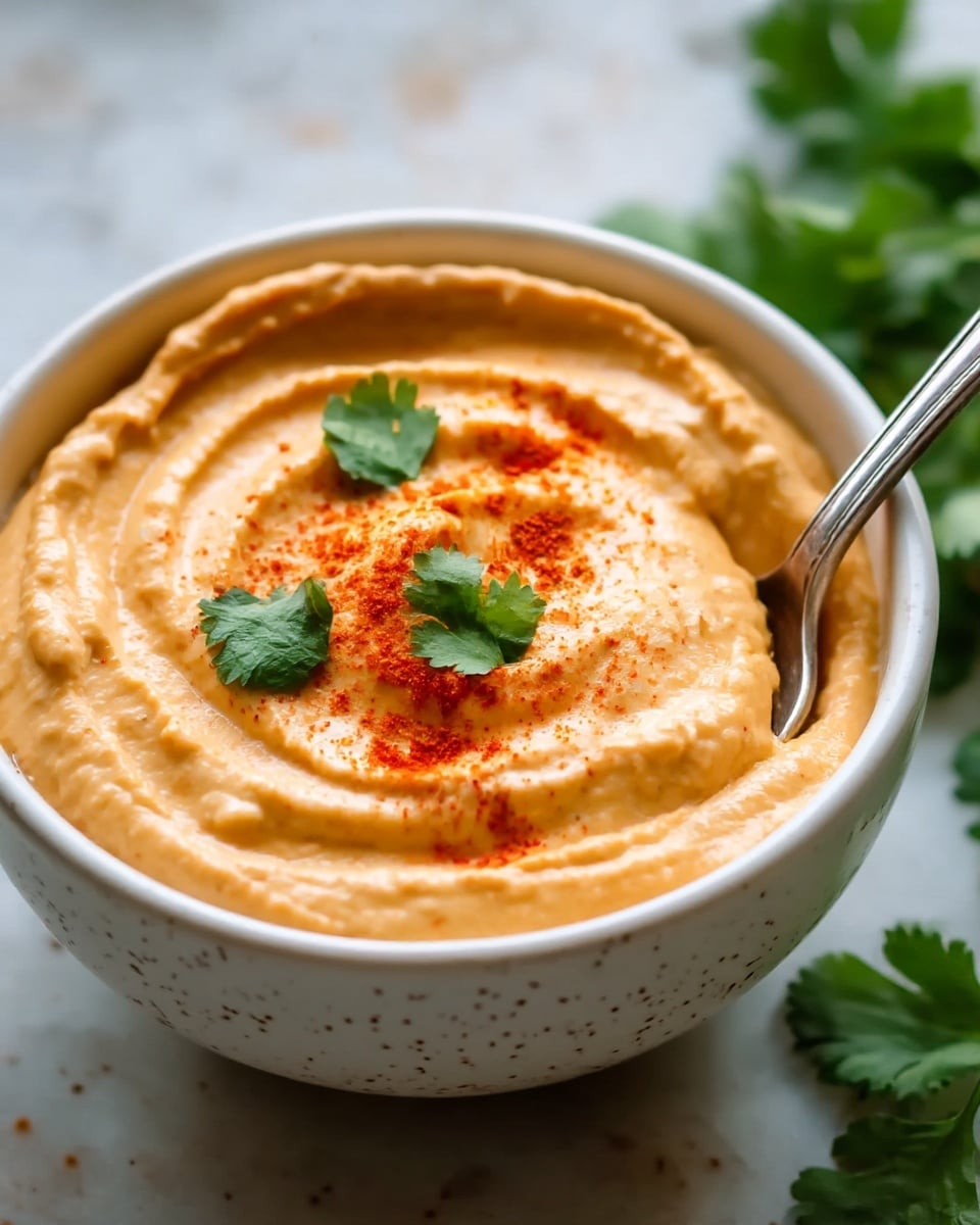 A close-up image of a bowl filled with smooth, creamy, light orange hummus that has a slightly swirled texture on top. The hummus is garnished with a sprinkle of red paprika powder in the center and three small green cilantro leaves placed on top. A silver spoon is dipped into the hummus on the right side of the bowl. The bowl is white with small dark speckles and has a simple round shape. The background is a white marbled texture with some green cilantro leaves placed out of focus on the right side. photo taken with an iphone --ar 4:5 --v 7