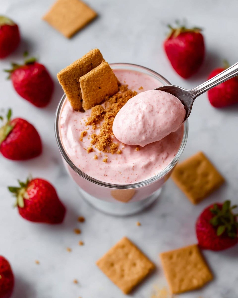 A clear glass cup filled with a creamy, light pink strawberry mousse, topped with small brown crumbled pieces, and two light brown square graham crackers placed on the mousse near the rim. A silver spoon holding a smooth, thick scoop of the pink mousse is dipped into the cup from the top right. Around the cup, on the white marbled textured surface, are scattered whole, bright red strawberries with green tops and several square graham crackers. Photo taken with an iphone --ar 4:5 --v 7