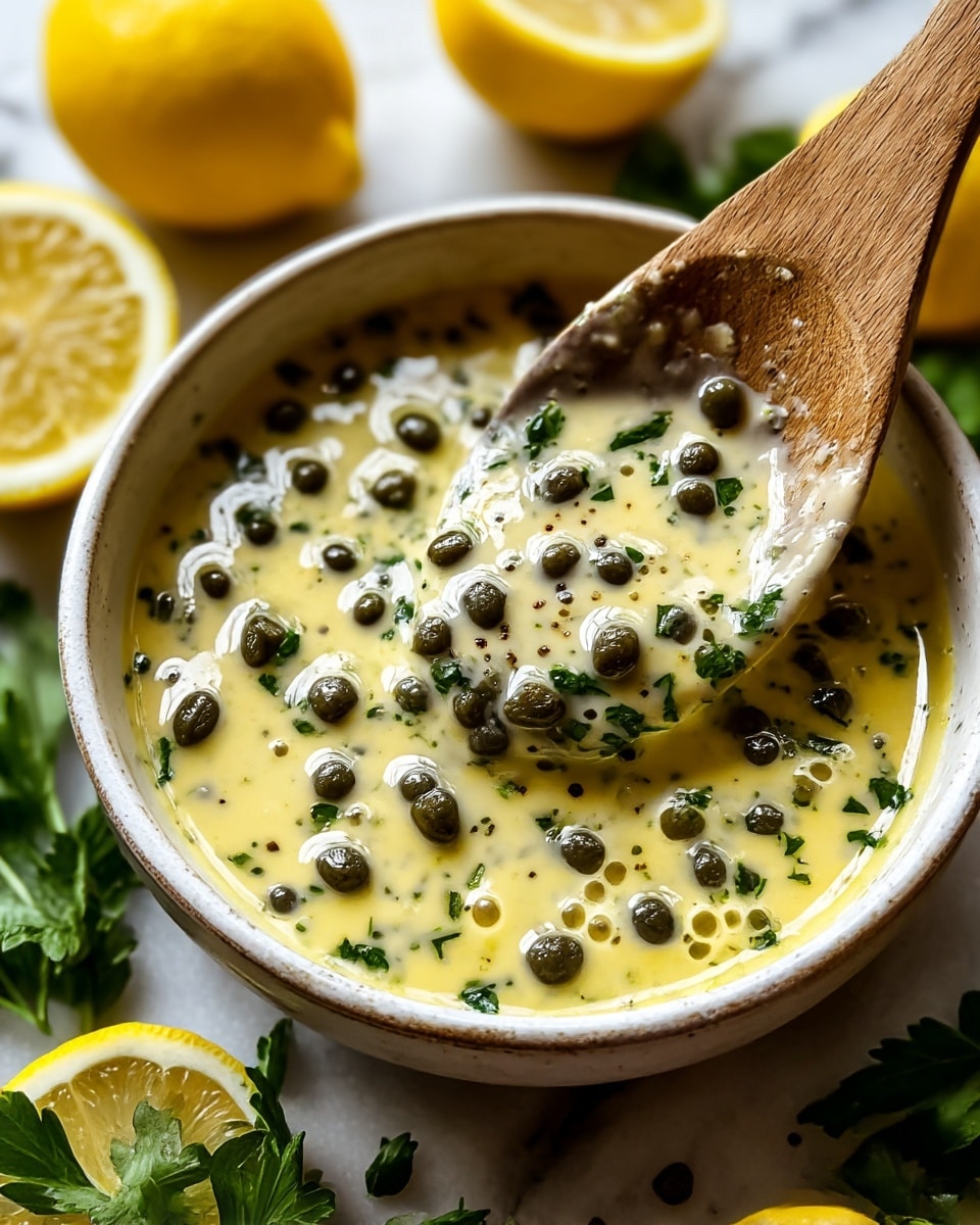 A close-up view of a creamy yellow sauce filled with small dark green capers scattered evenly throughout the smooth liquid, garnished with bits of fresh green parsley. The sauce has an oily, glossy texture with small bubbles and black pepper flakes visible on the surface. It is served in a white rustic round bowl with a wooden spoon resting inside, coated with bits of the sauce. Around the bowl are bright yellow lemons and fresh green herbs on a white marbled surface. photo taken with an iphone --ar 4:5 --v 7