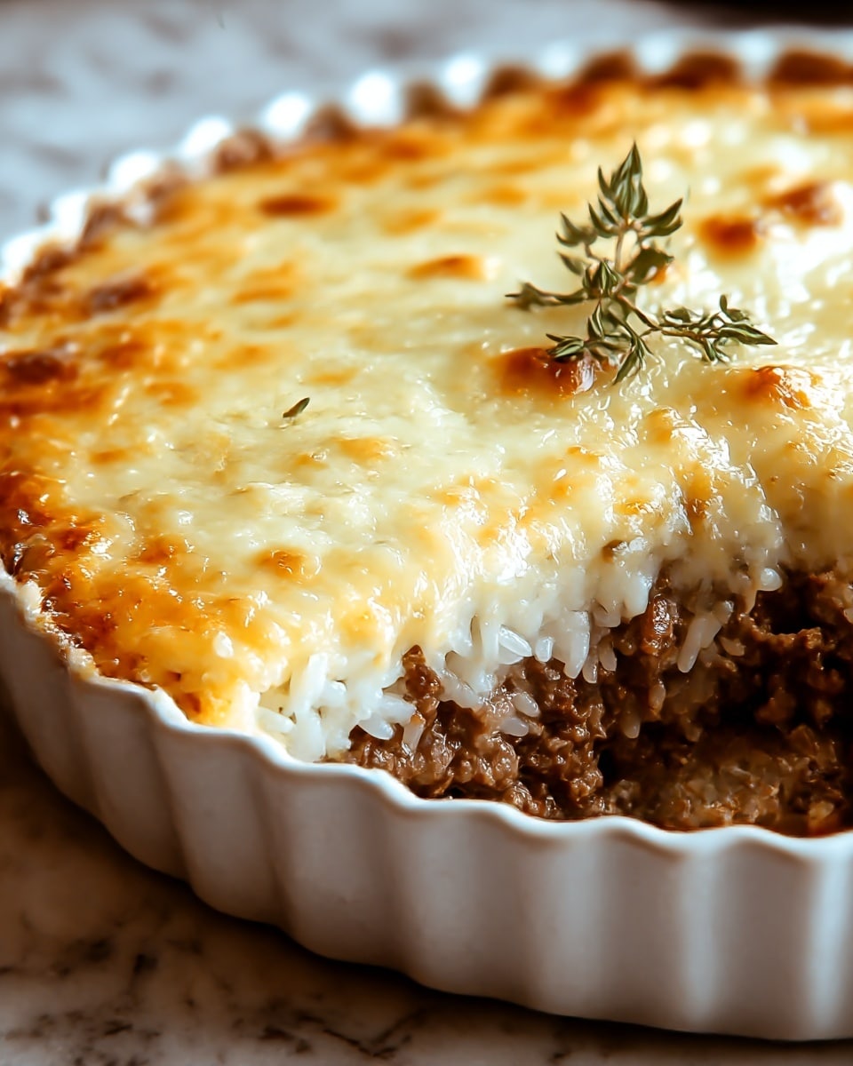 A close-up view of a baked dish in a white fluted ceramic pie dish, showing three visible layers: the bottom layer is a bed of cooked white rice, the middle layer contains browned ground meat with a slightly crumbly texture, and the top layer is melted cheese that is creamy white with golden brown spots from baking, creating a bubbly and smooth surface. A small sprig of fresh green herbs, possibly thyme, is placed gently on top. The dish sits on a white marbled textured surface. photo taken with an iphone --ar 4:5 --v 7