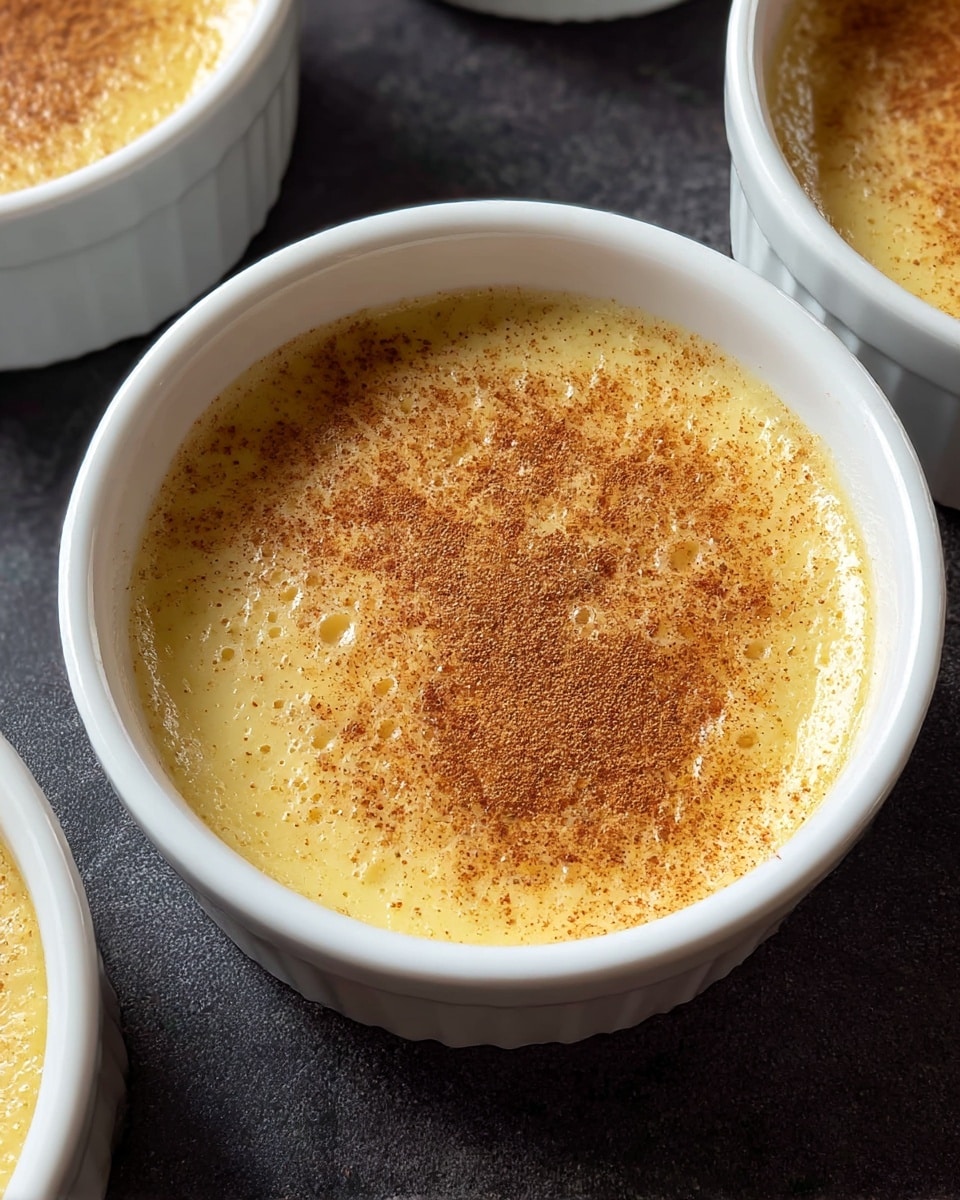 A white round ramekin filled with a smooth, thick custard-like dessert that is pale yellow in color, topped with a fine, even sprinkle of brown cinnamon powder. The custard surface has slight ripples and a creamy texture with some small bubbles visible. The ramekin is placed on a dark surface, with parts of other similar ramekins visible around it. photo taken with an iphone --ar 4:5 --v 7